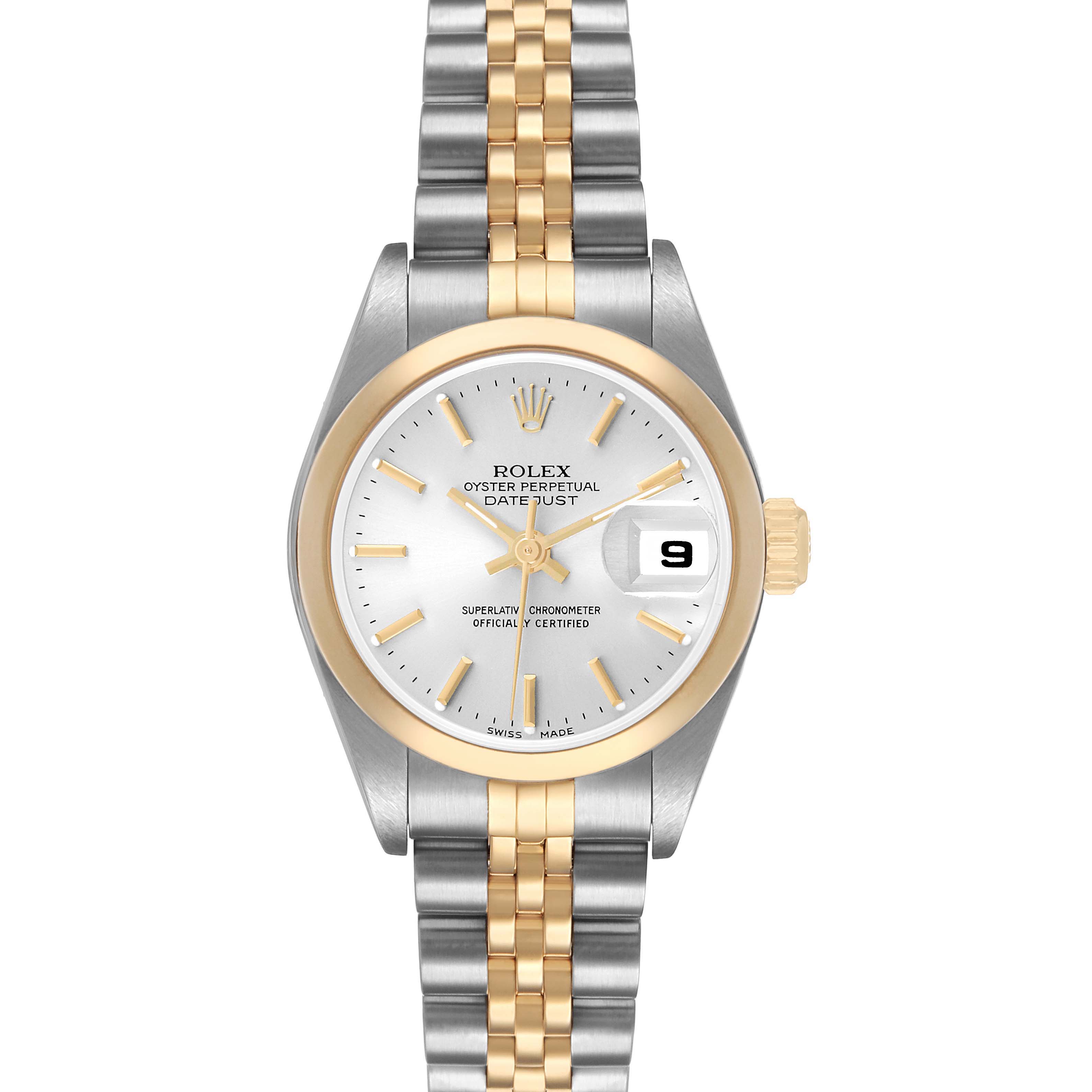 The Rolex Datejust 79163 Women's Steel and Gold (two tone) Silver Dial watch is shown from the front, displaying its dial, bezel, and two-tone bracelet.