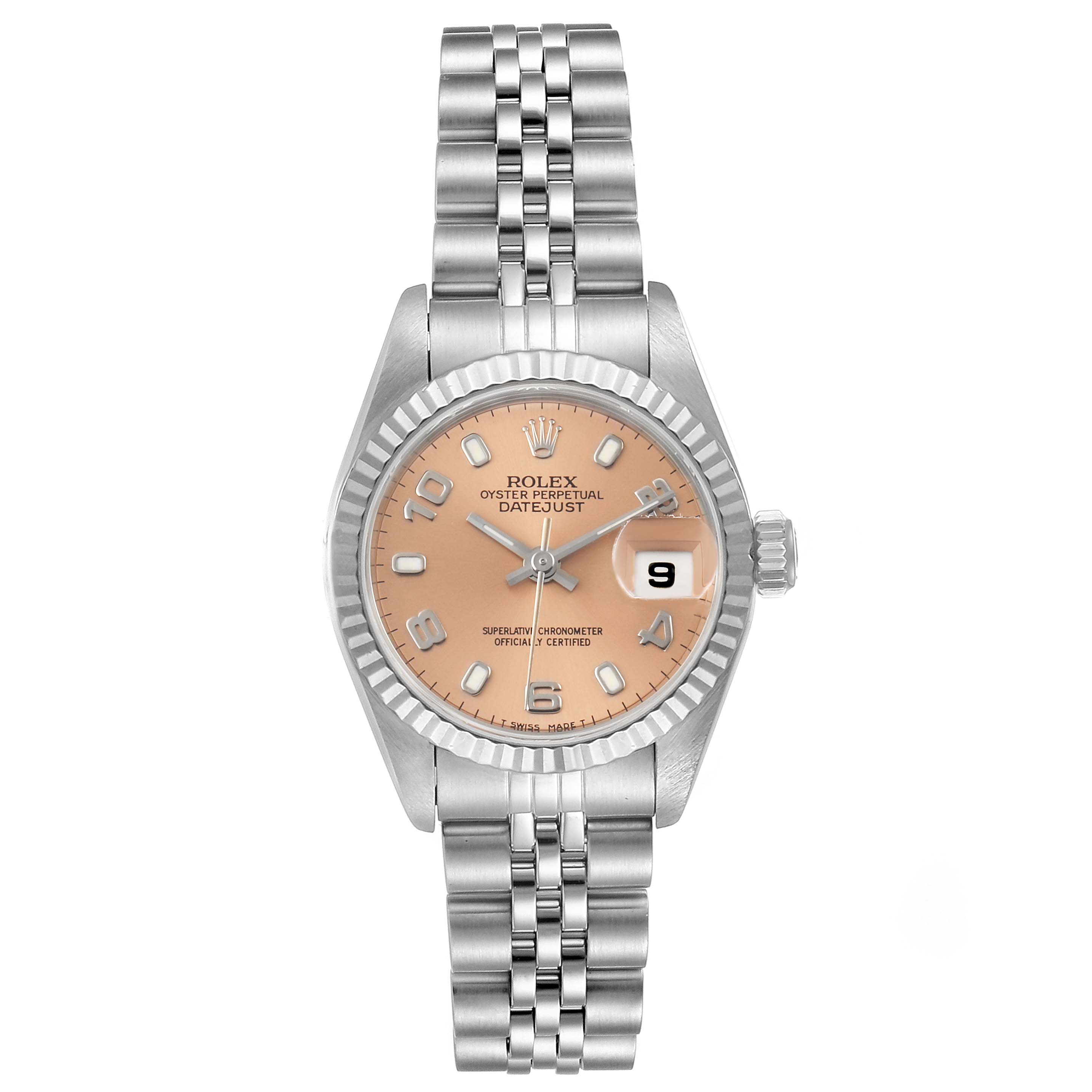 The Rolex Datejust 69174 Women's Stainless Steel Pink Dial 69174 Women's Stainless Steel Pink Dial watch is shown from the front, displaying the face, bezel, crown, and the full stainless steel bracelet.