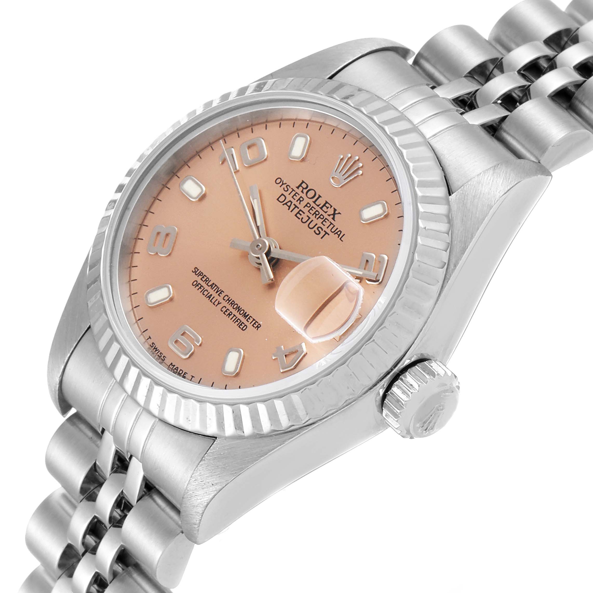 The image shows a Rolex Datejust 69174 Women's Stainless Steel Pink Dial 69174 Women's Stainless Steel Pink Dial watch with a pink dial, fluted bezel, and part of its Jubilee bracelet from an angled view.