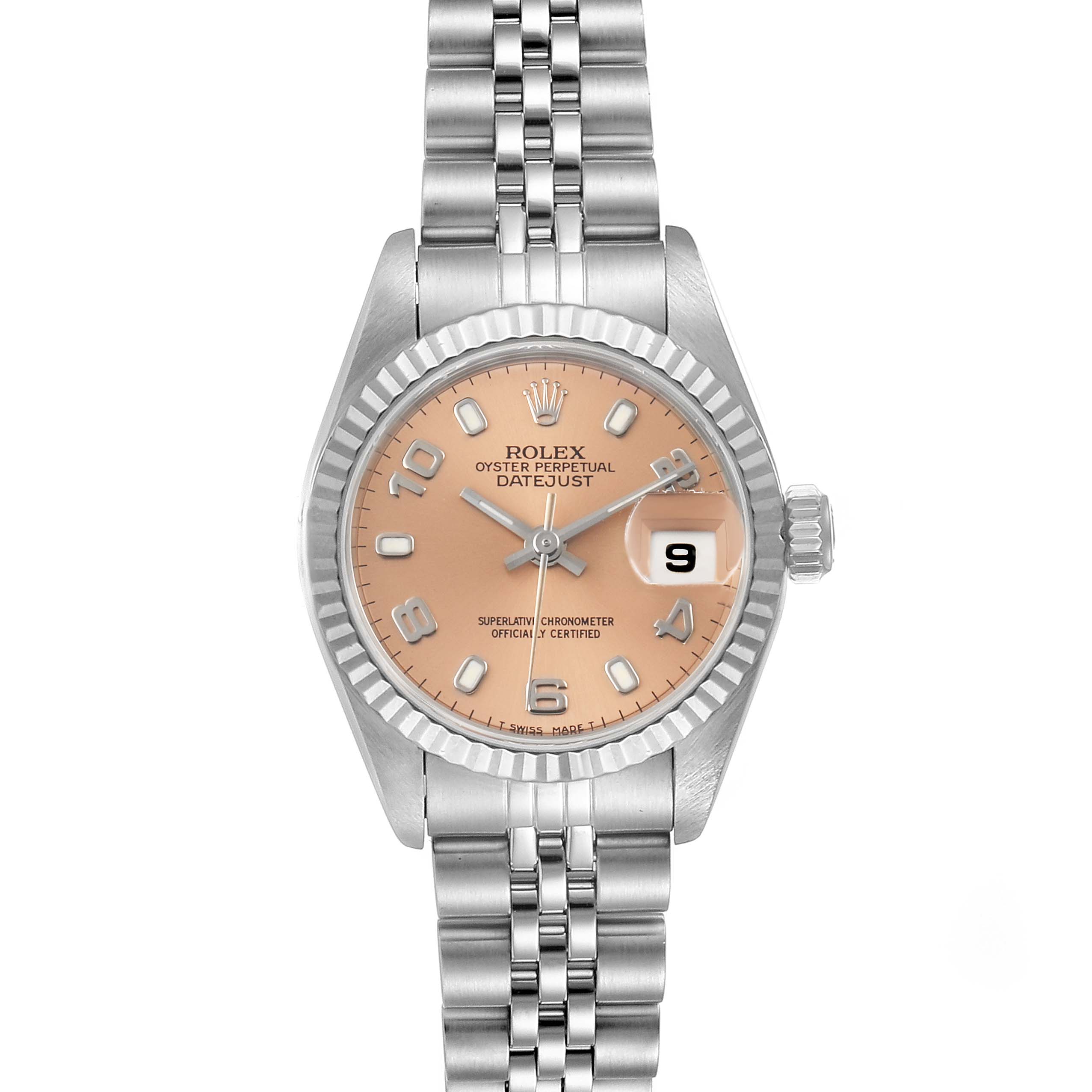 This is a front view of a Rolex Datejust 69174 Women's Stainless Steel Pink Dial 69174 Women's Stainless Steel Pink Dial watch, showing the dial, bezel, bracelet, and date window.