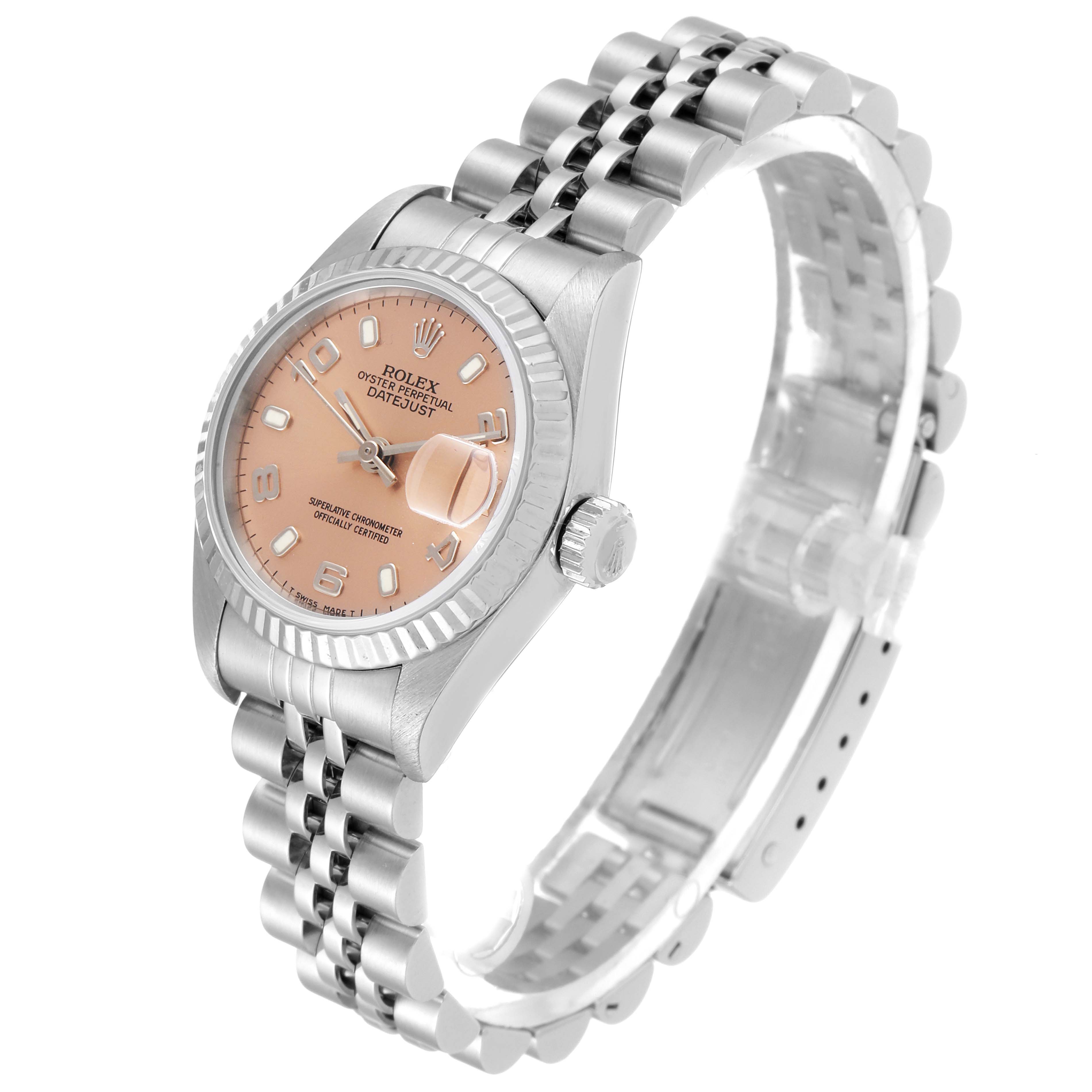 The image shows a Rolex Datejust 69174 Women's Stainless Steel Pink Dial 69174 Women's Stainless Steel Pink Dial watch at a three-quarter angle, highlighting its dial, crown, case, and bracelet.
