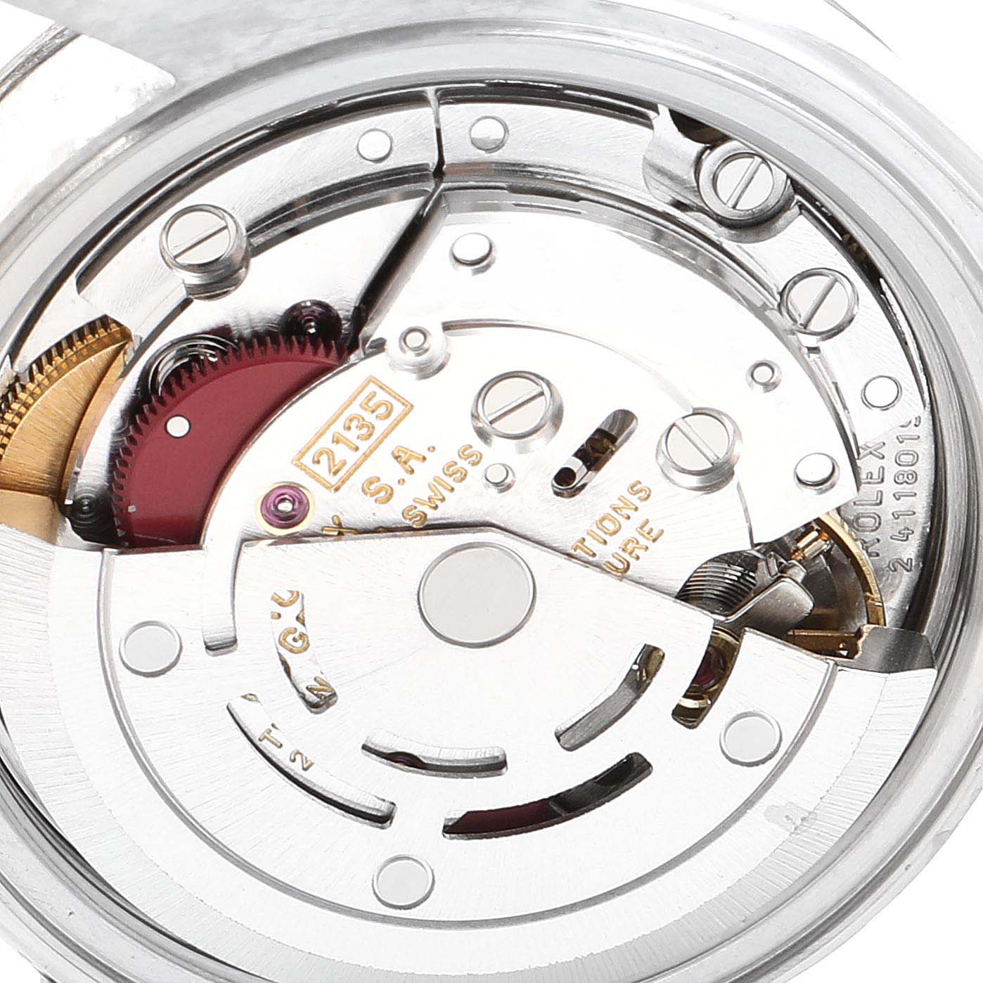 This image shows a close-up view of the mechanical movement of a Rolex Datejust 69174 Women's Stainless Steel Pink Dial 69174 Women's Stainless Steel Pink Dial watch.