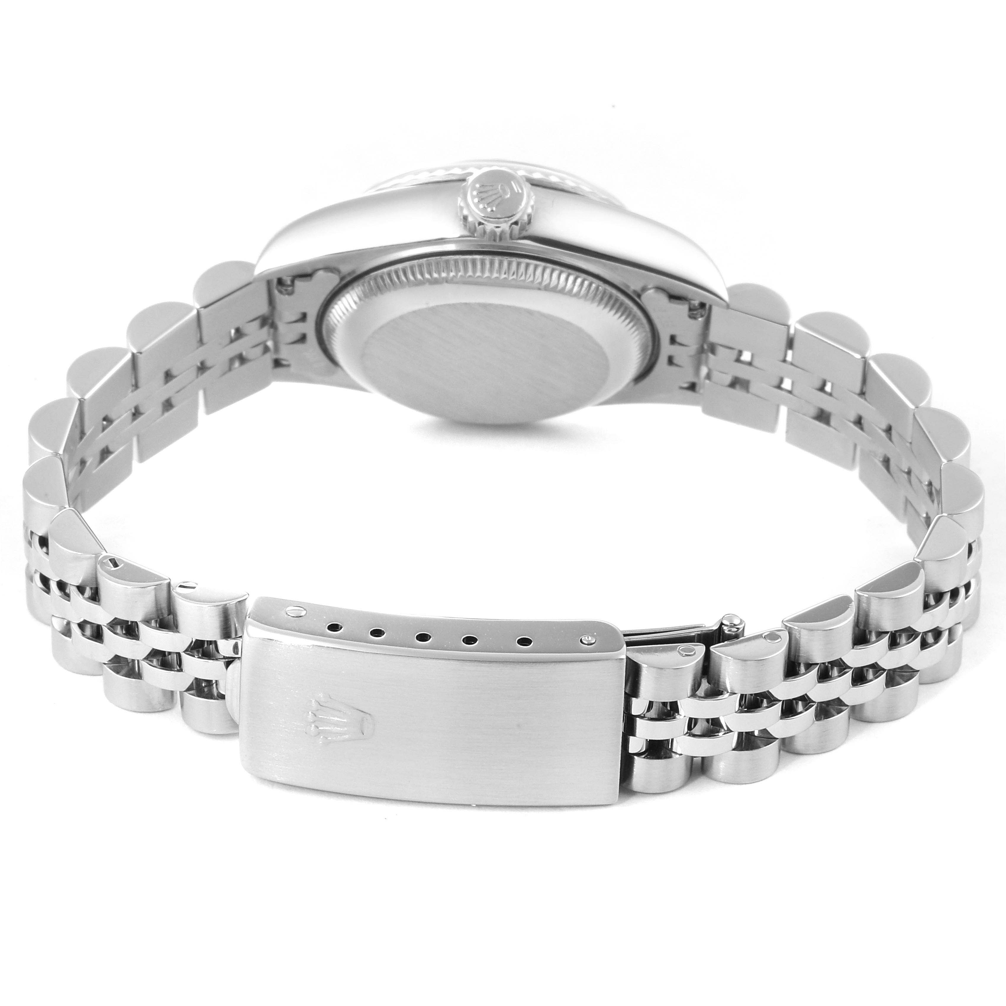 The image shows the back view of a Rolex Datejust 69174 Women's Stainless Steel Pink Dial 69174 Women's Stainless Steel Pink Dial watch, highlighting the stainless steel case, bracelet, and clasp.