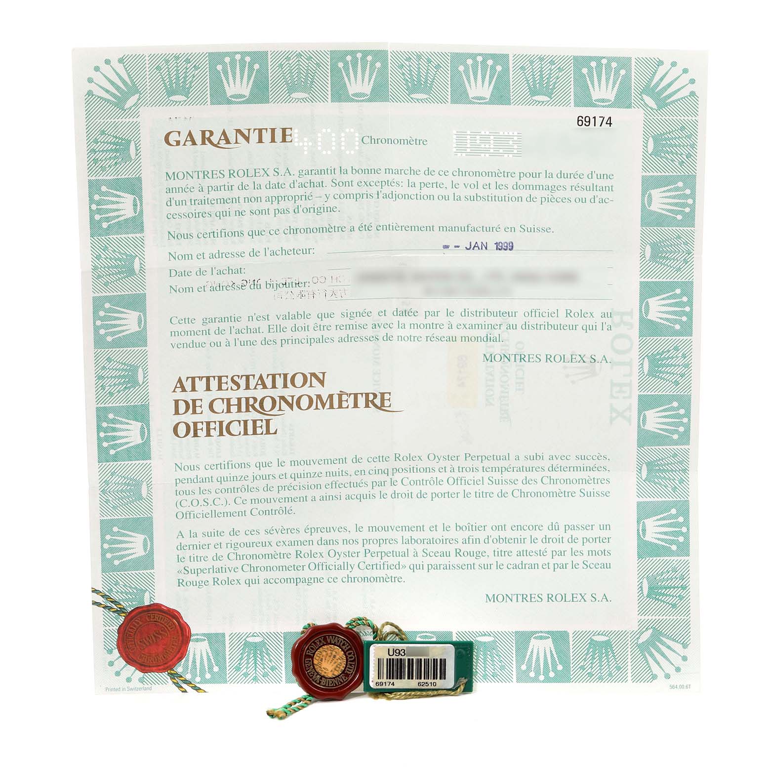 The image shows the warranty certificate and tag accessories of a Rolex Datejust 69174 Women's Stainless Steel Pink Dial 69174 Women's Stainless Steel Pink Dial watch.