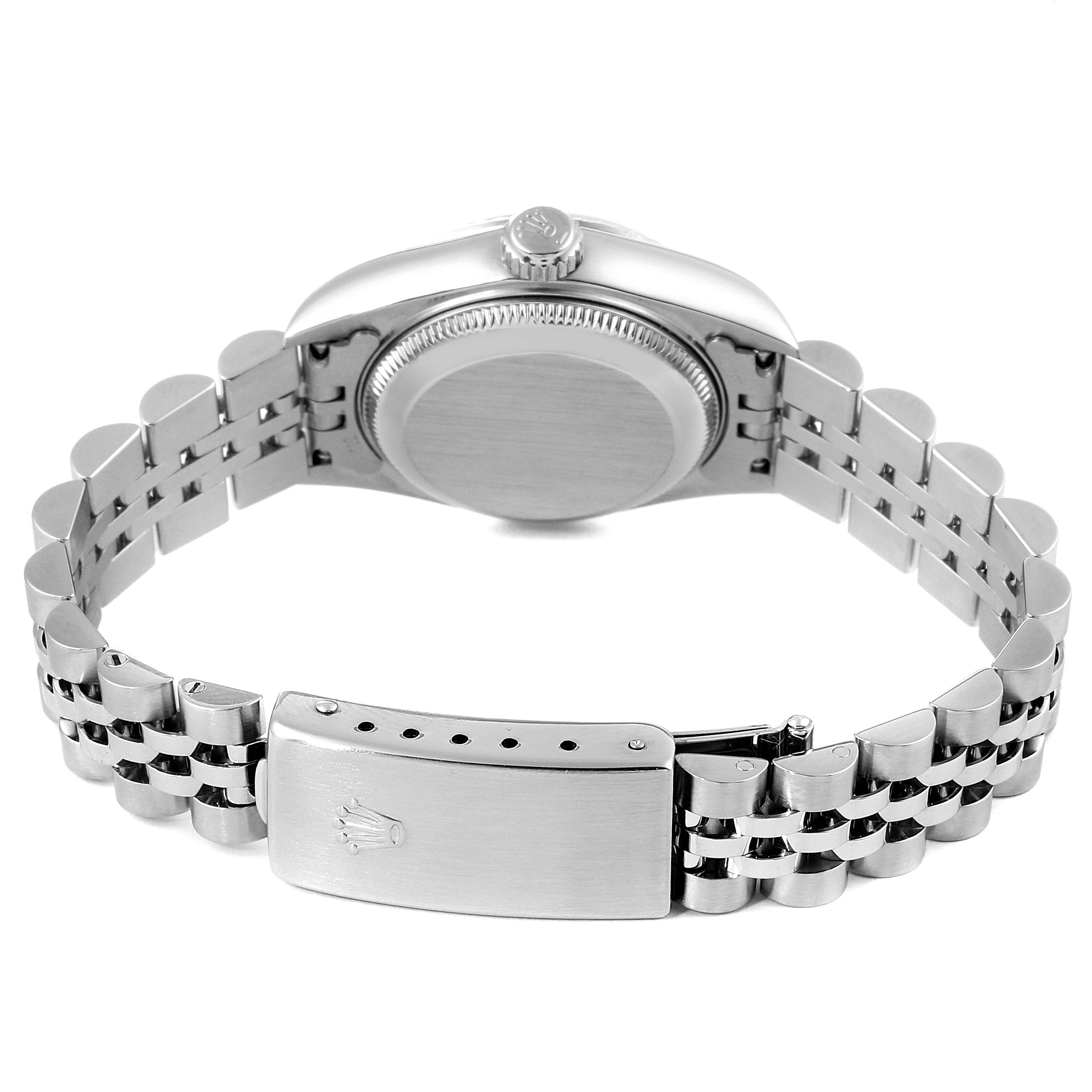 This image shows the rear view of a Rolex Datejust 79174 Women's Stainless Steel Pink Dial 79174 Women's Stainless Steel Pink Dial watch, highlighting the clasp, bracelet, and case back.