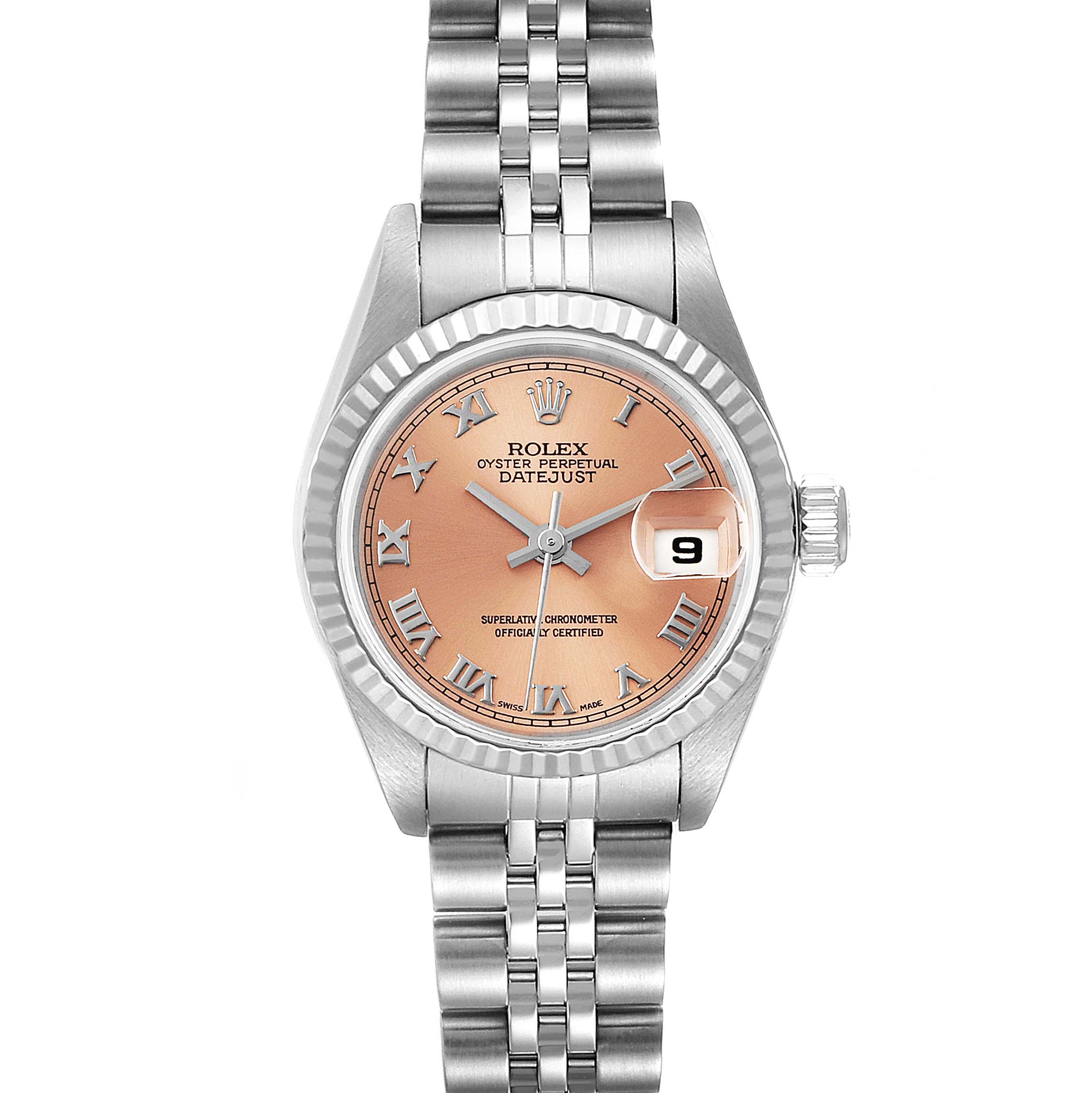 This image shows a Rolex Datejust 79174 Women's Stainless Steel Pink Dial 79174 Women's Stainless Steel Pink Dial watch from a front angle, featuring a pink dial and a stainless steel bracelet.
