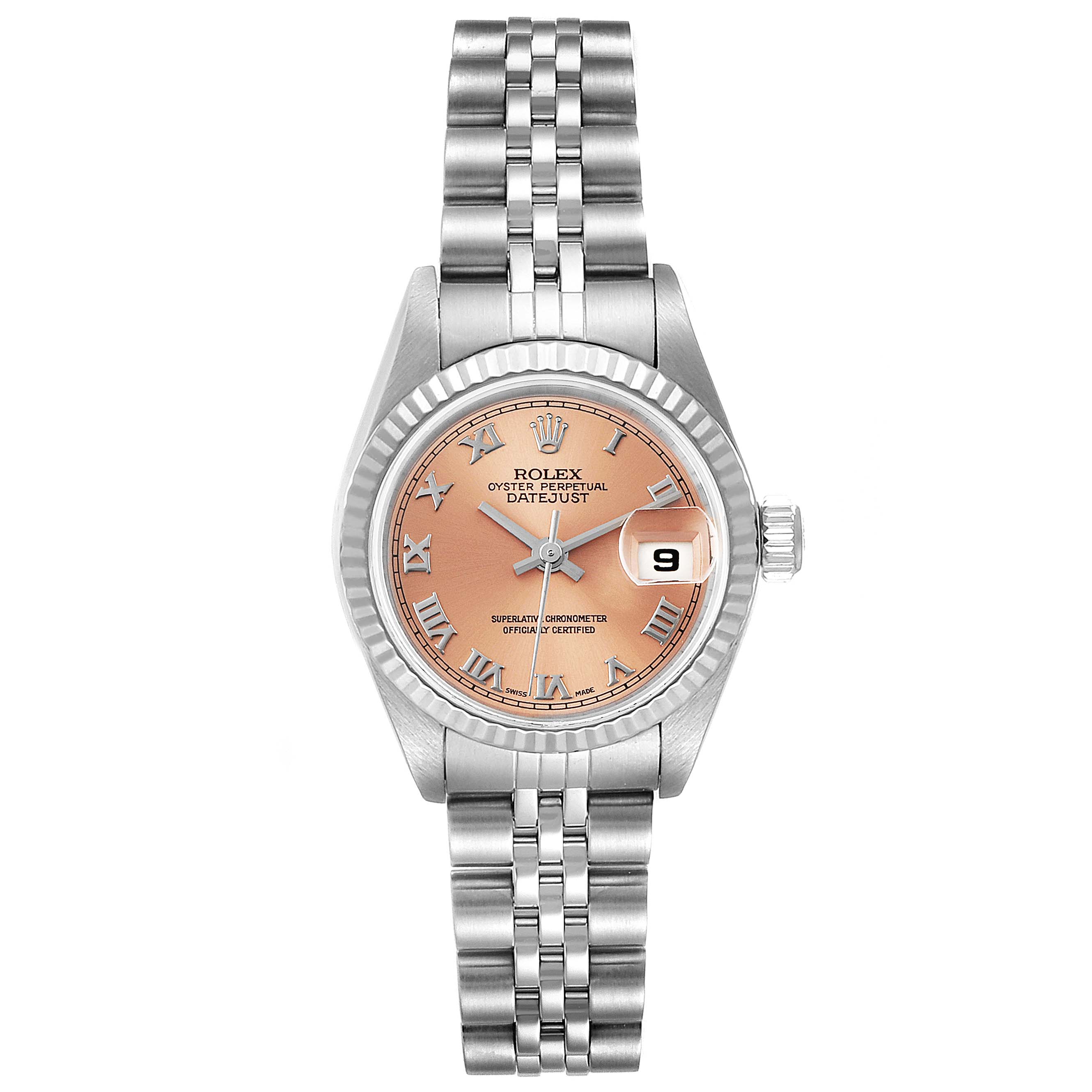 This image shows a front view of the Rolex Datejust 79174 Women's Stainless Steel Pink Dial 79174 Women's Stainless Steel Pink Dial watch, featuring its dial, bezel, crown, and bracelet.