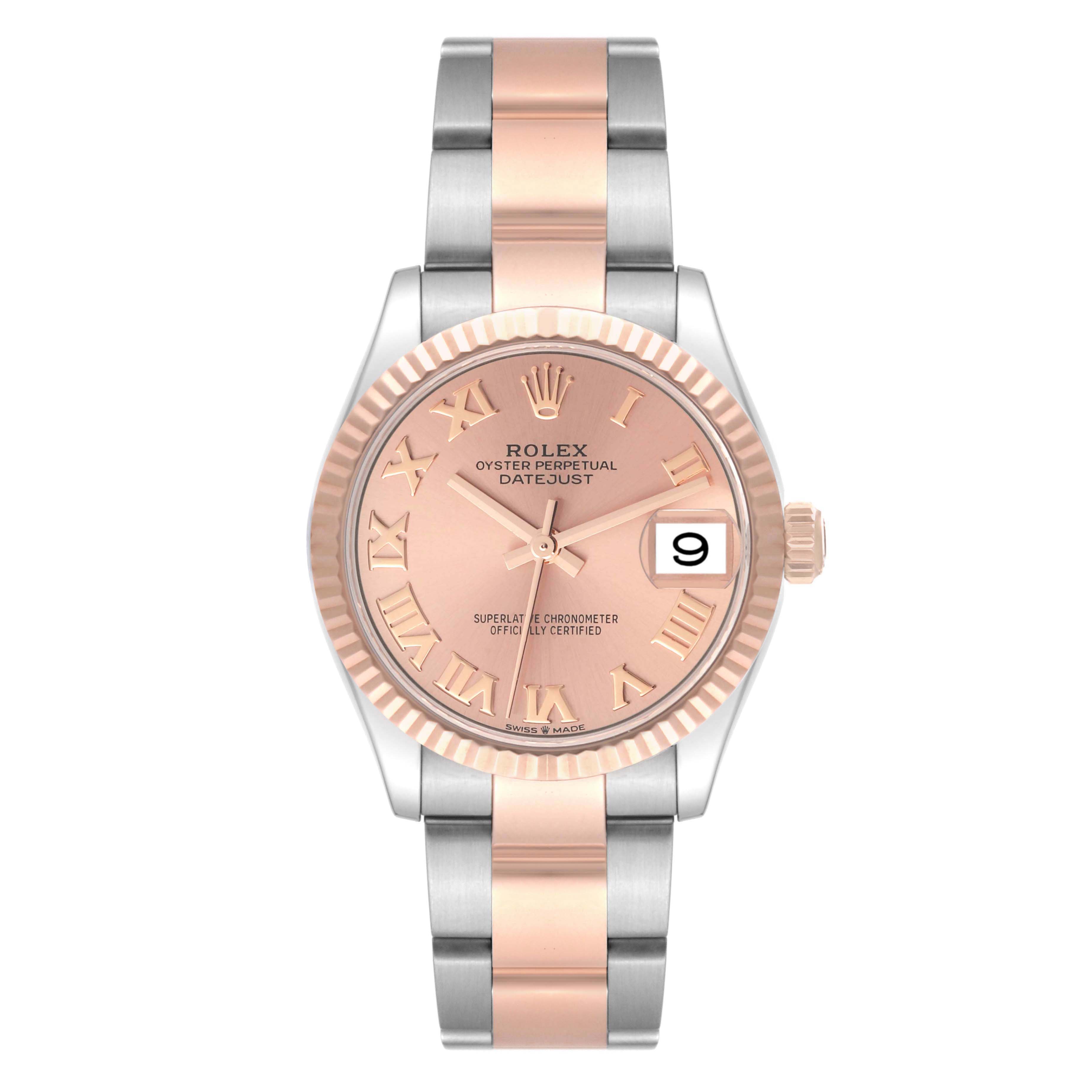 The Rolex Mid-Size 278271 Women's Steel and Gold (two tone) Pink Dial 278271 Women's Steel and Gold (two tone) Pink Dial watch is shown from a top-down angle, displaying the face, bezel, and bracelet.