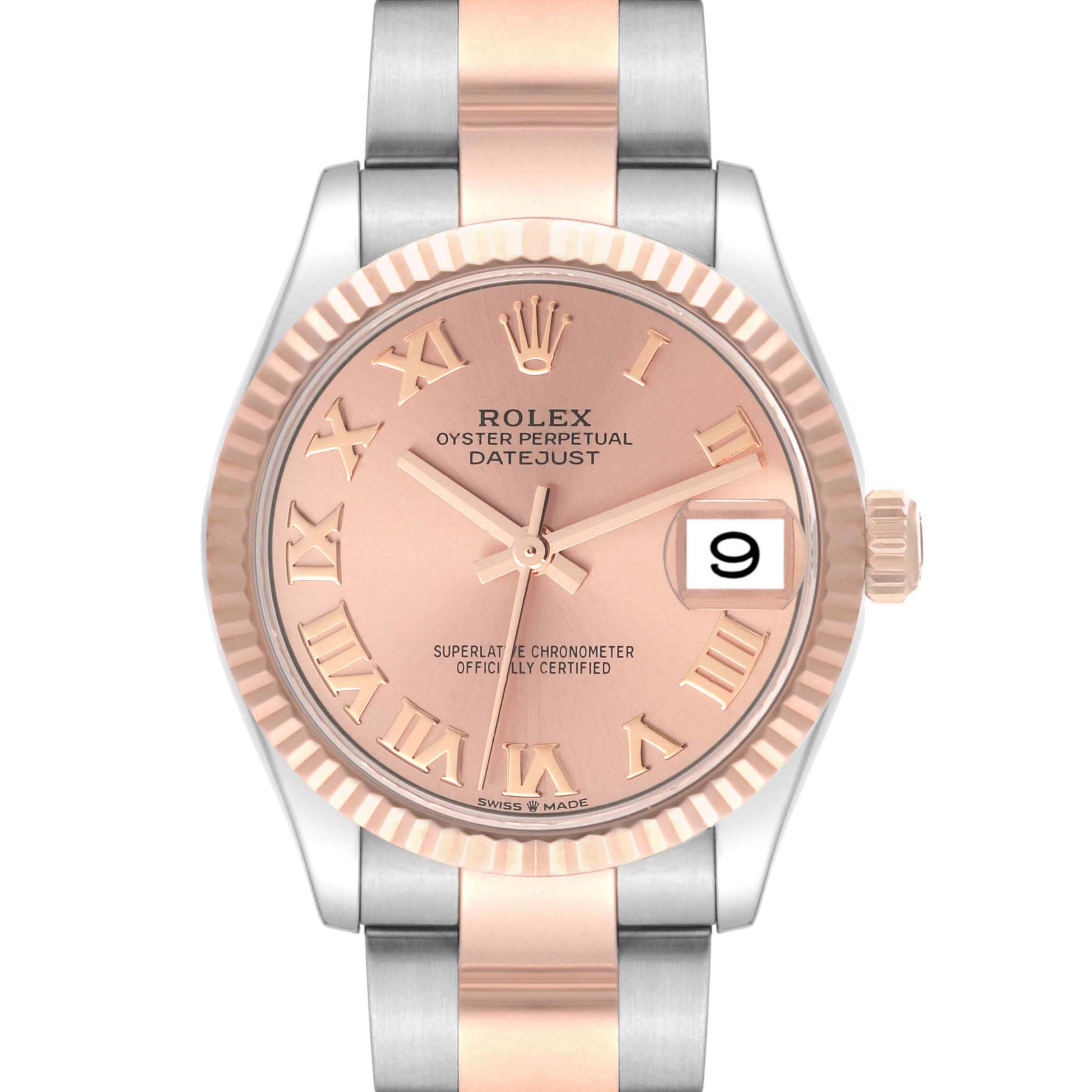 The Rolex Mid-Size 278271 Women's Steel and Gold (two tone) Pink Dial 278271 Women's Steel and Gold (two tone) Pink Dial model is shown from the front, highlighting the dial, fluted bezel, and two-tone bracelet.