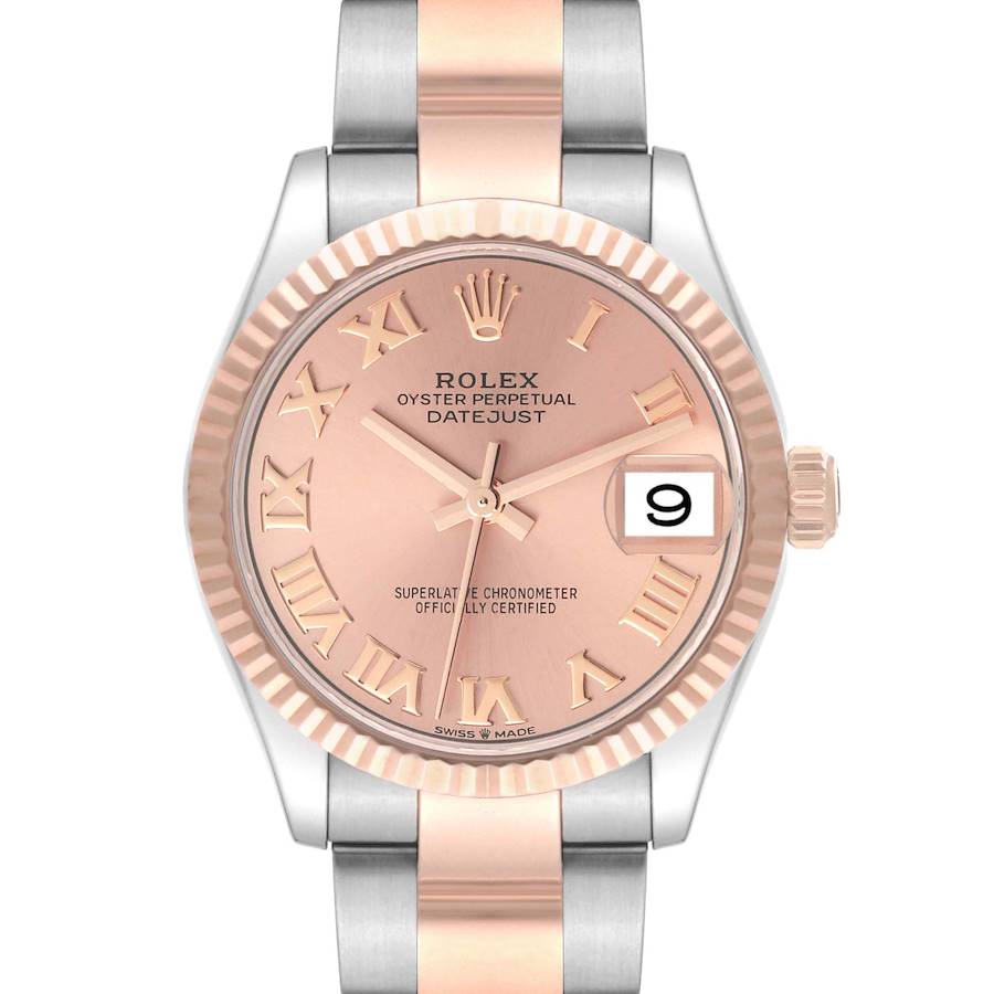 The Rolex Mid-Size model is shown from the front, highlighting the dial, fluted bezel, and two-tone bracelet.