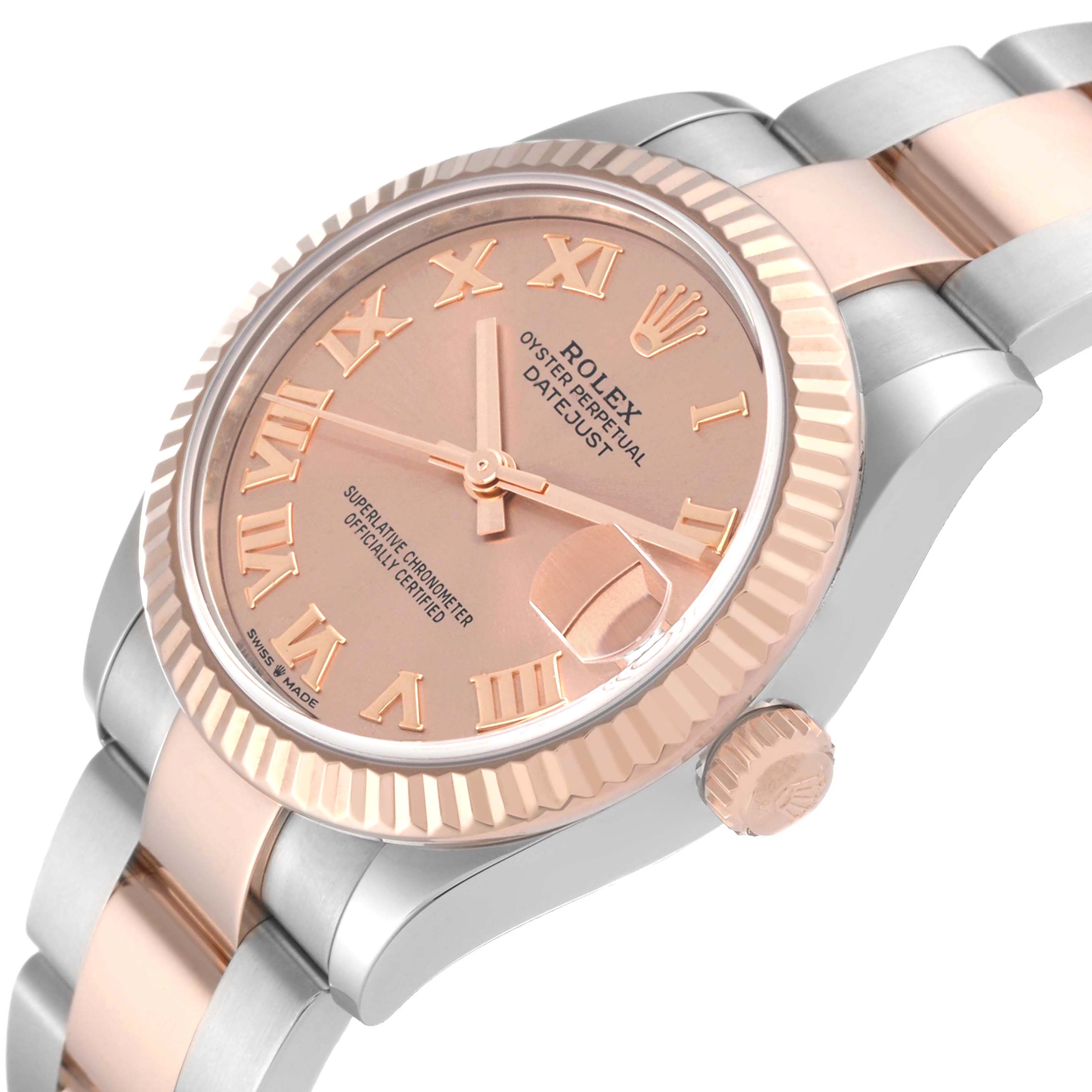 The Rolex Mid-Size 278271 Women's Steel and Gold (two tone) Pink Dial 278271 Women's Steel and Gold (two tone) Pink Dial watch is shown at an angle highlighting the face, bezel, crown, and part of the bracelet.