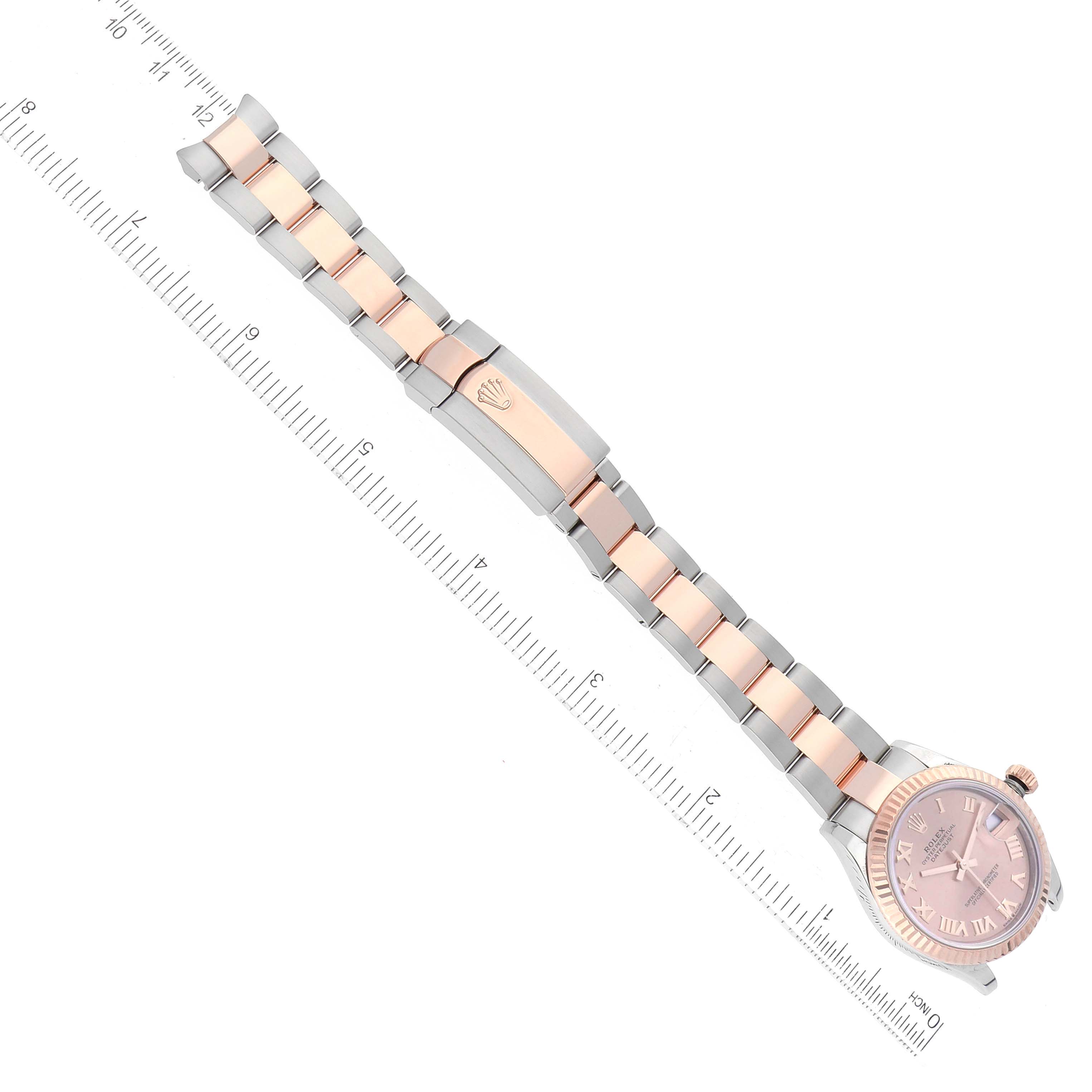 The Rolex Mid-Size 278271 Women's Steel and Gold (two tone) Pink Dial 278271 Women's Steel and Gold (two tone) Pink Dial watch is displayed horizontally, showing the face, bezel, and two-tone bracelet with a clasp.