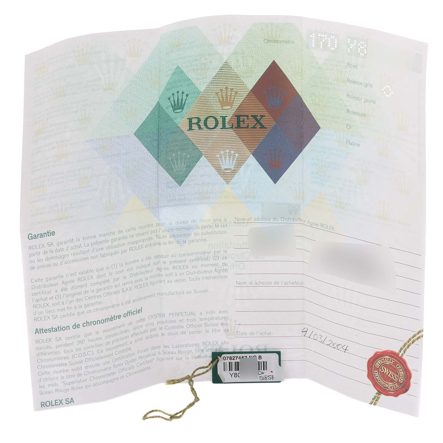 The image shows the warranty card and tag for a Rolex Mid-Size 78274 Women's Stainless Steel Mother of Pearl Dial 78274 Women's Stainless Steel Mother of Pearl Dial model, highlighting the documentation.