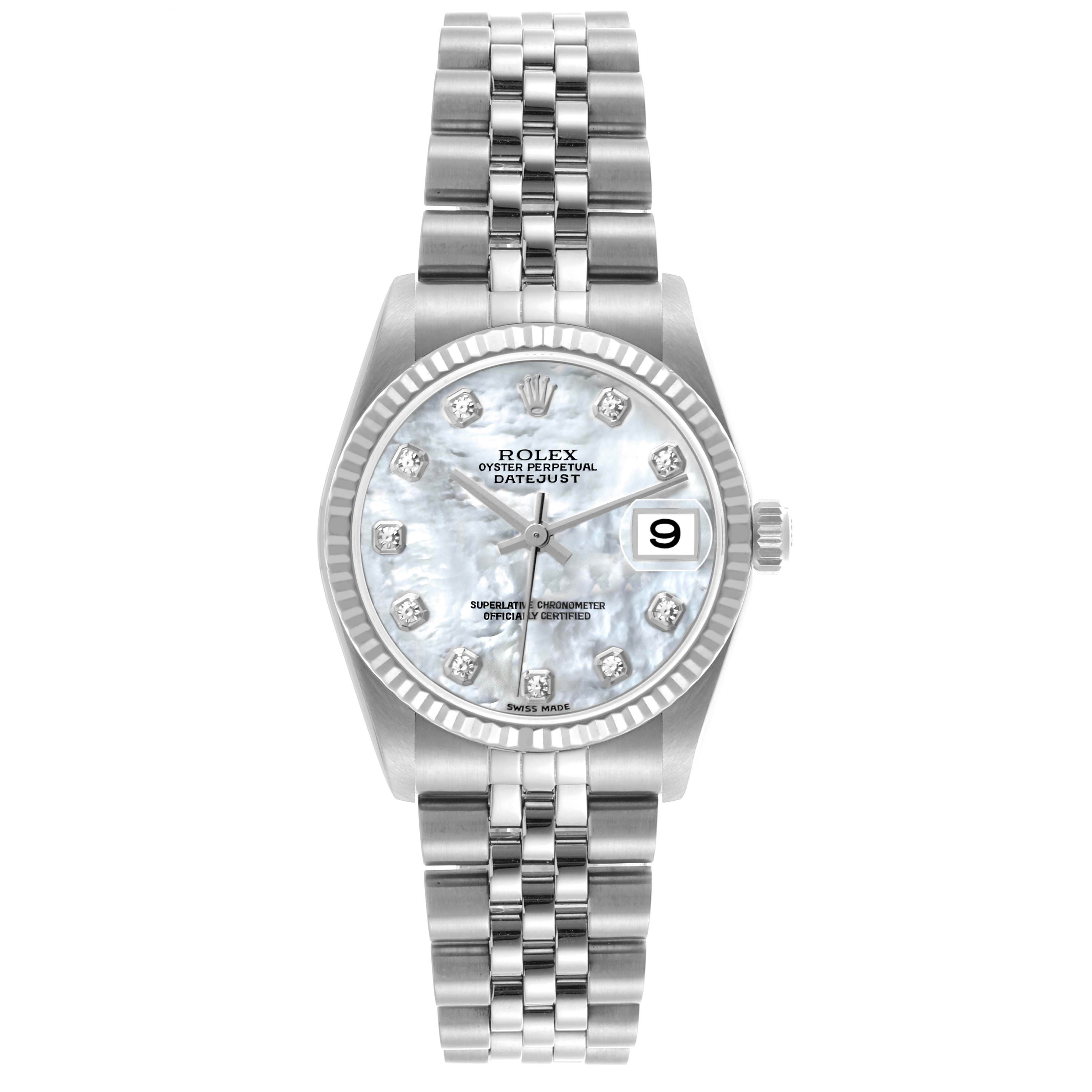 The Rolex Mid-Size 78274 Women's Stainless Steel Mother of Pearl Dial 78274 Women's Stainless Steel Mother of Pearl Dial watch is shown from a straight-on angle, featuring the full dial, bezel, and bracelet.