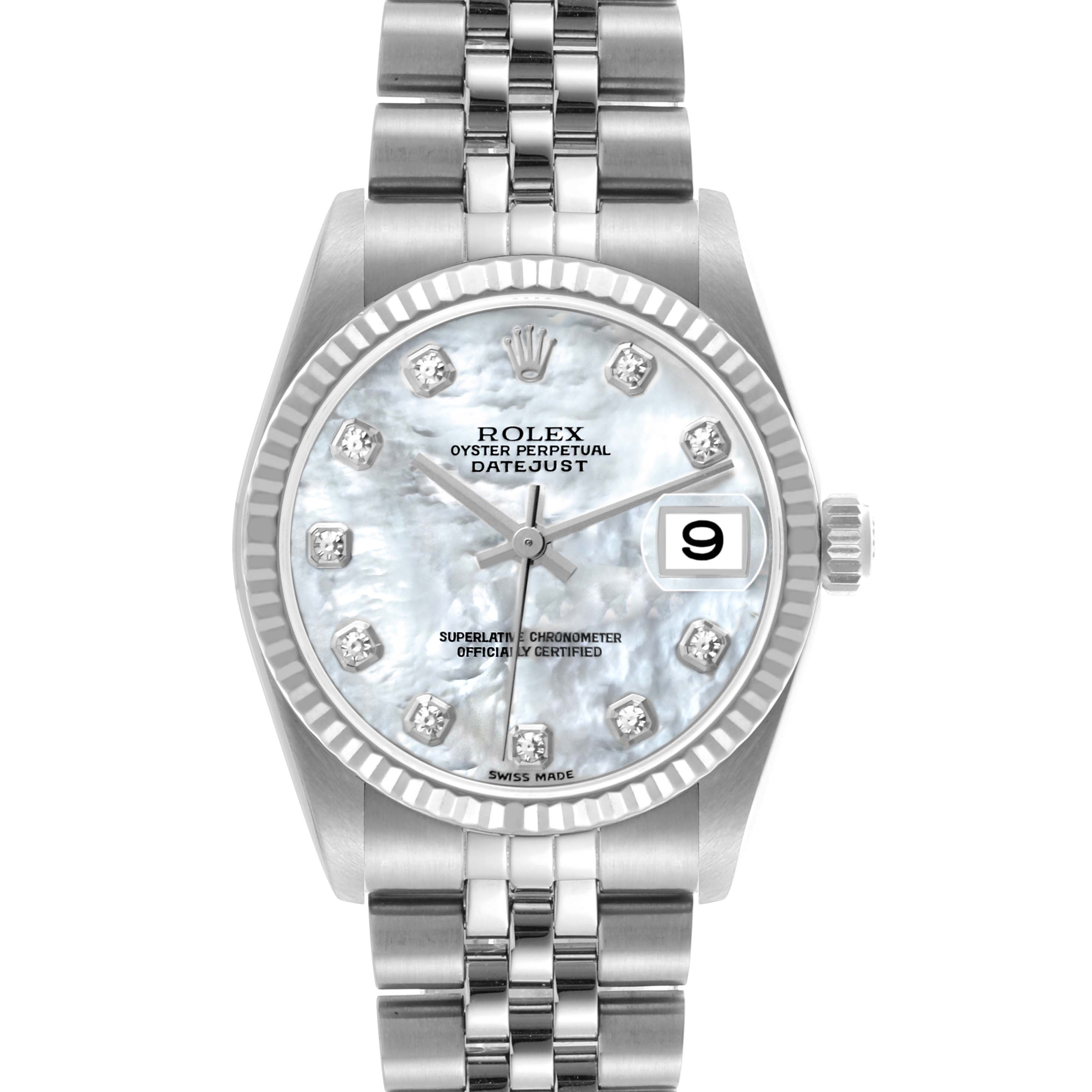 The Rolex Datejust mid-size watch is shown from the front, highlighting the dial, bezel, bracelet, and crown.