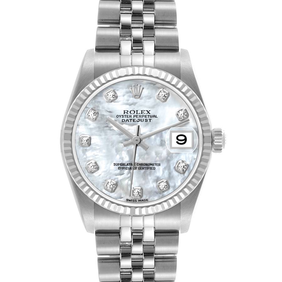 The Rolex Datejust mid-size watch is shown from the front, highlighting the dial, bezel, bracelet, and crown.