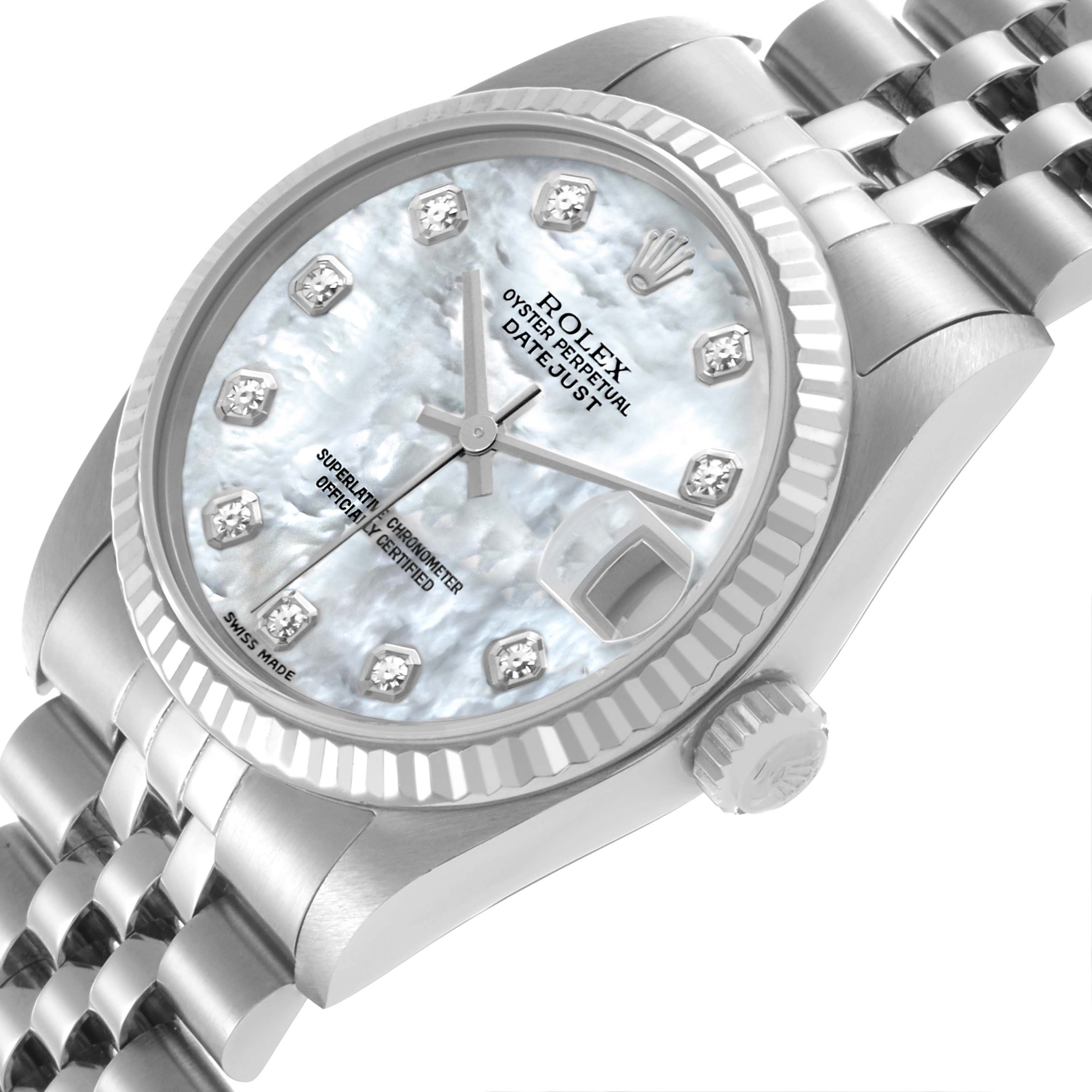 The Rolex Mid-Size 78274 Women's Stainless Steel Mother of Pearl Dial 78274 Women's Stainless Steel Mother of Pearl Dial watch is shown at a tilted angle, highlighting the face, bezel, crown, and part of the bracelet.
