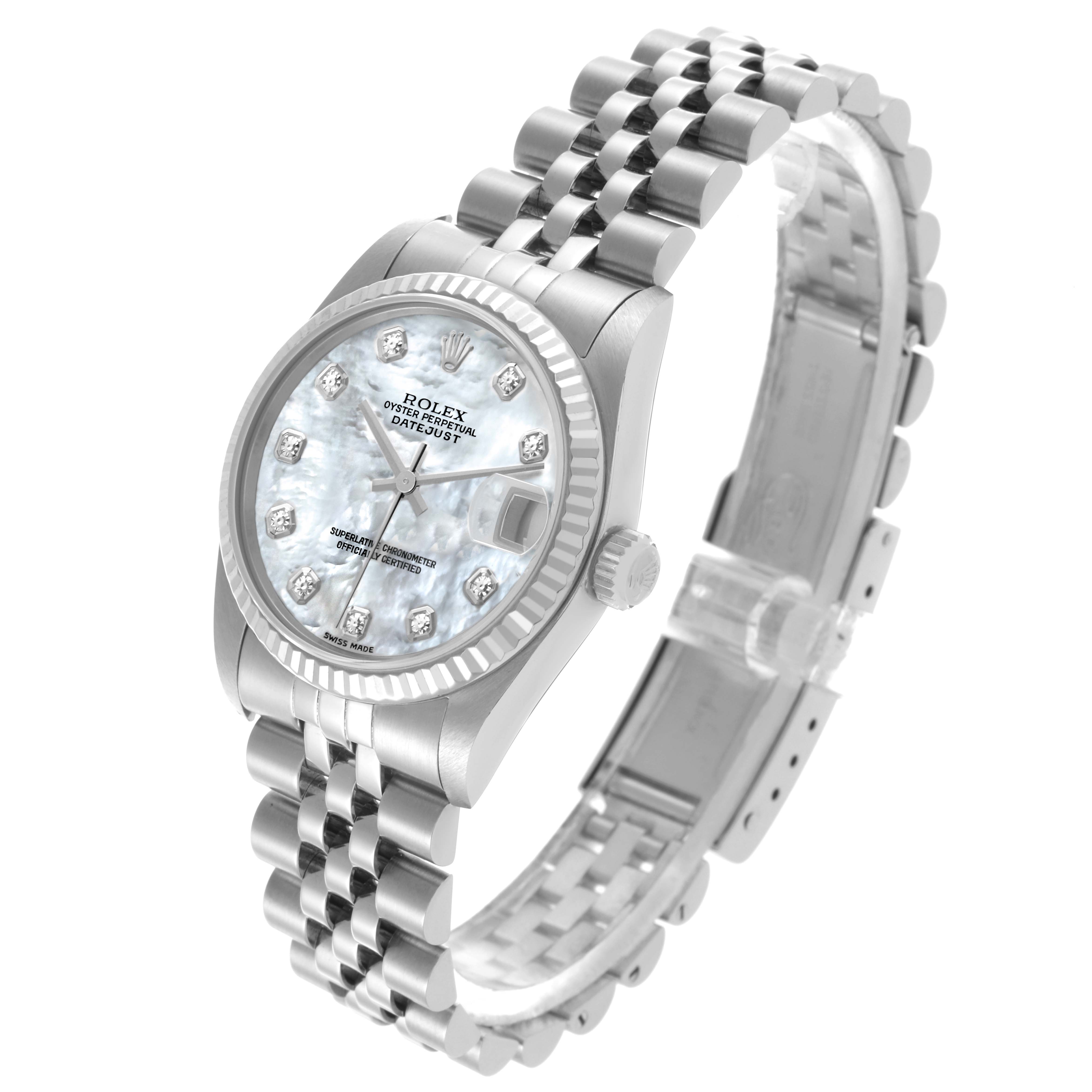 The Rolex Mid-Size 78274 Women's Stainless Steel Mother of Pearl Dial 78274 Women's Stainless Steel Mother of Pearl Dial watch is shown at an angle displaying the face, bezel, crown, and part of the jubilee bracelet.