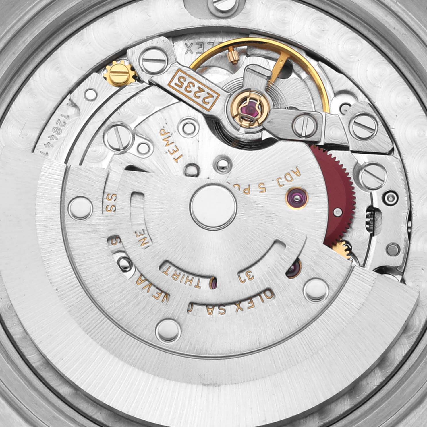 This image shows the intricate movement mechanism of a Rolex Mid-Size 78274 Women's Stainless Steel Mother of Pearl Dial 78274 Women's Stainless Steel Mother of Pearl Dial watch from a top-down angle.