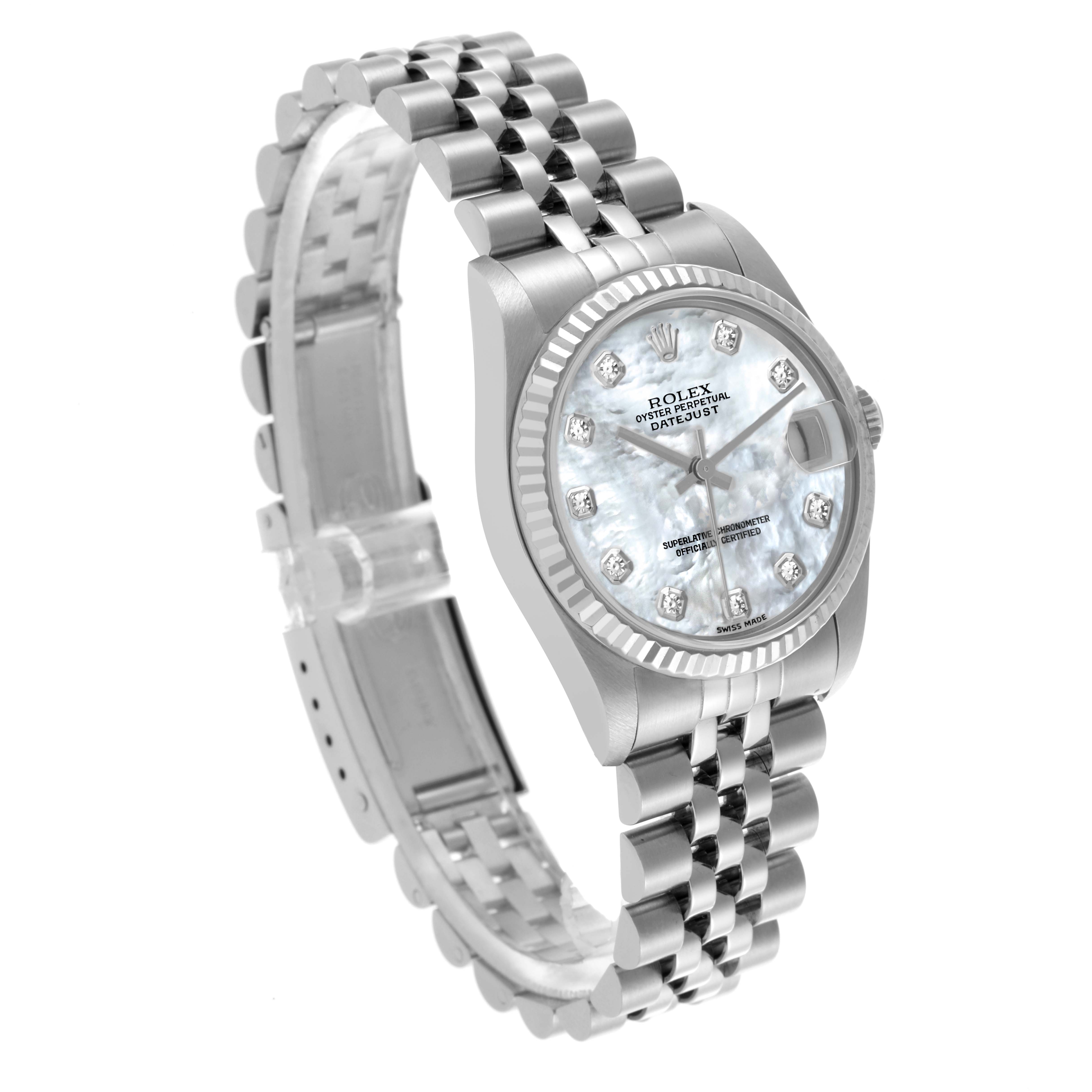 The Rolex Mid-Size 78274 Women's Stainless Steel Mother of Pearl Dial 78274 Women's Stainless Steel Mother of Pearl Dial watch is shown at a slight angle, highlighting its face, fluted bezel, and Jubilee bracelet.