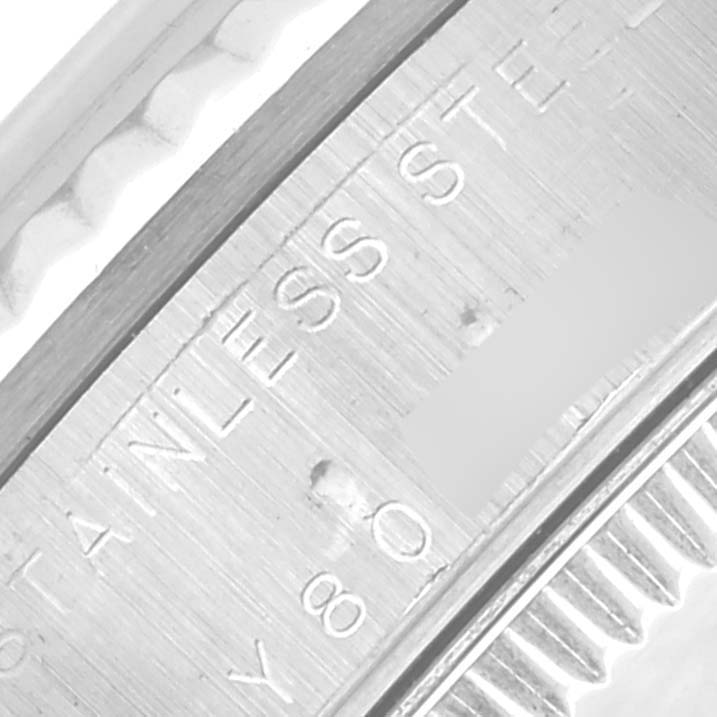 The image shows a close-up angle of the Rolex Mid-Size 78274 Women's Stainless Steel Mother of Pearl Dial 78274 Women's Stainless Steel Mother of Pearl Dial model, focusing on the engraved case back with "STAINLESS STEEL" visible.