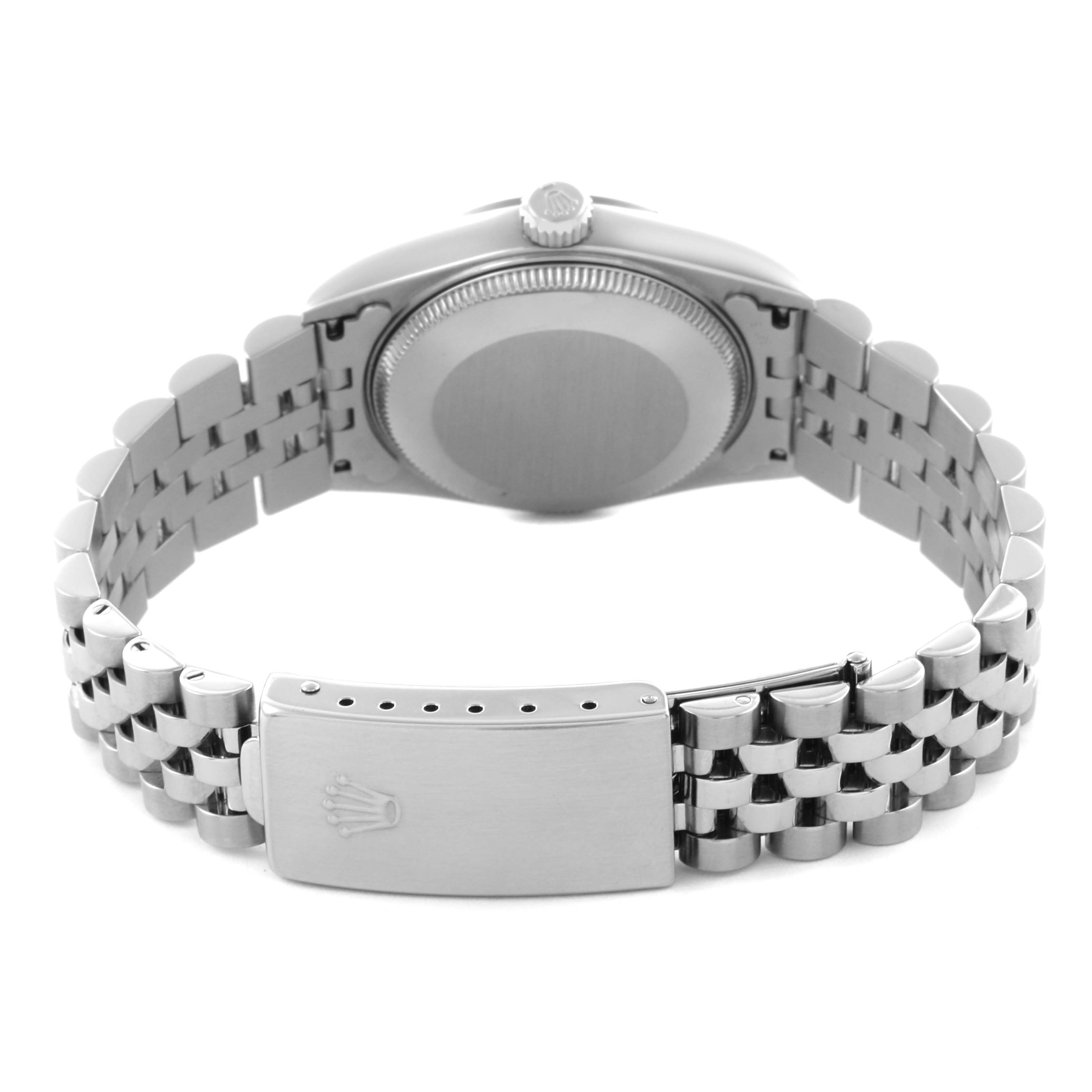 The image shows a rear view of a Mid-Size Rolex watch, highlighting the case back, crown, and bracelet clasp.