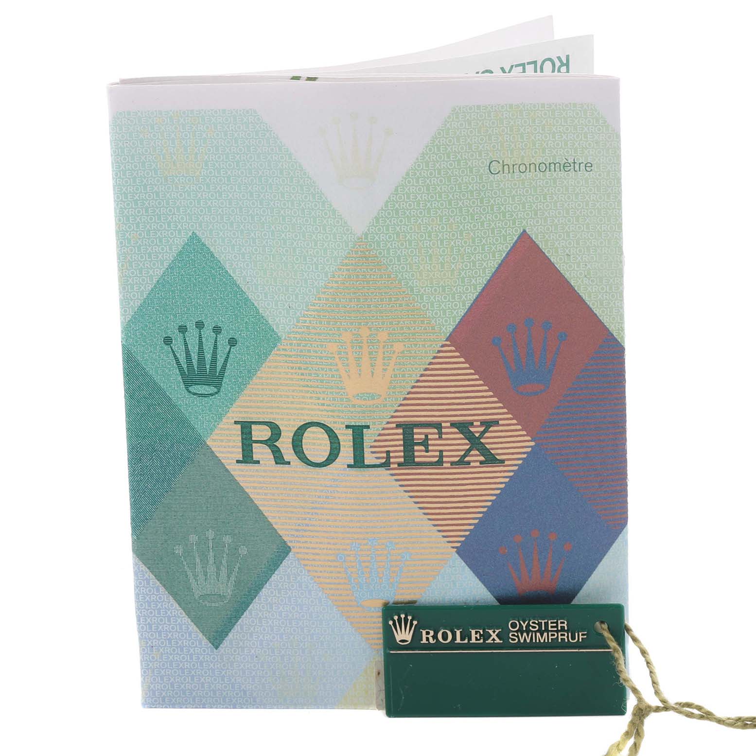 The image shows a Rolex booklet and a green "Oyster Swimpruf" tag, likely accompanying a Mid-Size Rolex watch.