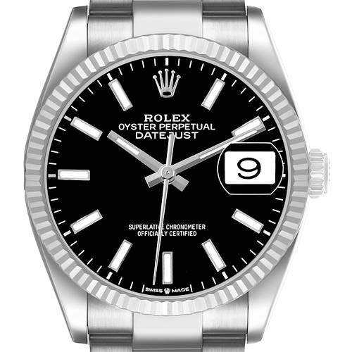 The image shows a front view of the Rolex Datejust 126234 Men's Steel and Gold (two tone) Black Dial watch, highlighting the dial, bezel, crown, and bracelet tops.