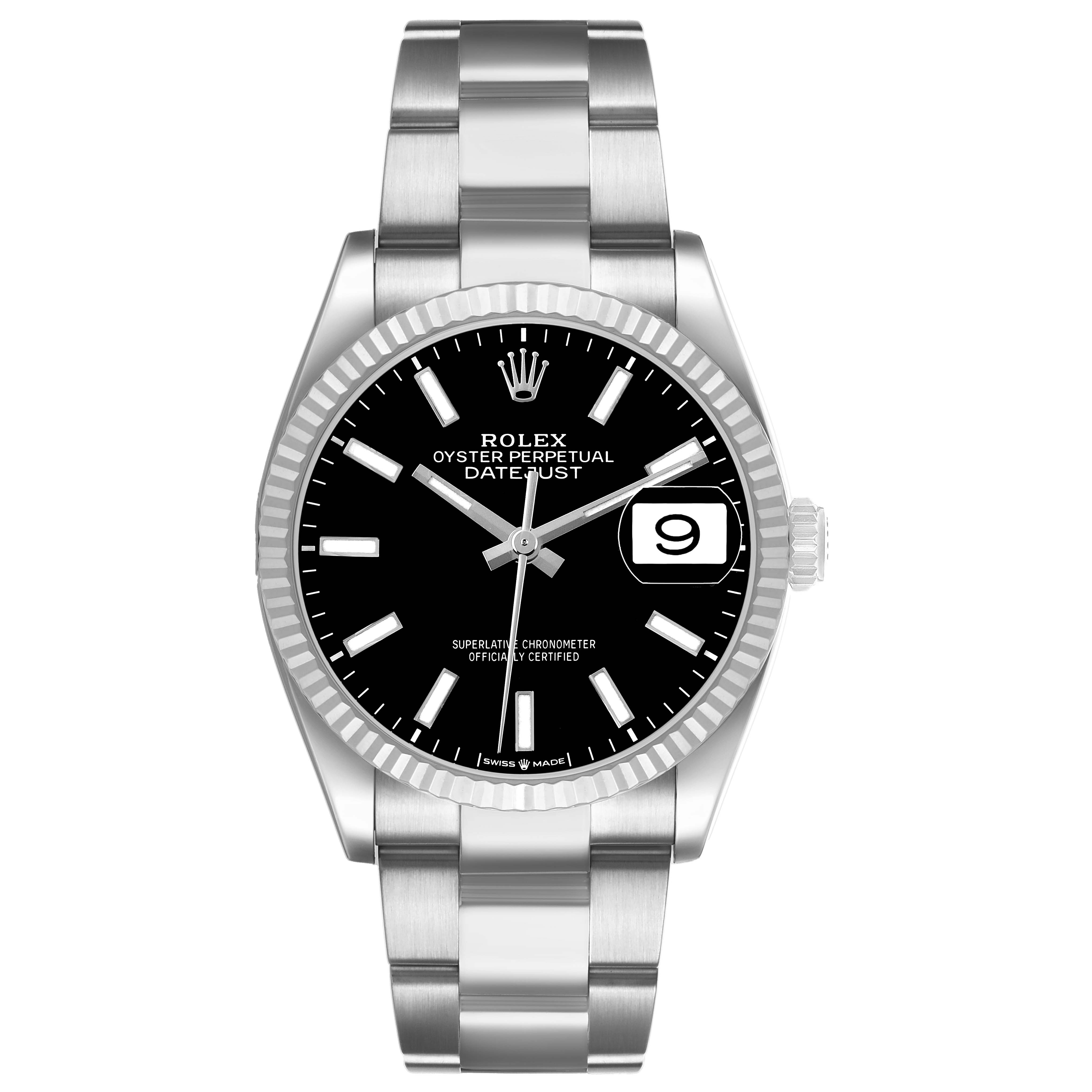 The image shows a front view of the Rolex Datejust 126234 Men's Steel and Gold (two tone) Black Dial watch, displaying the dial, bezel, hands, and bracelet.