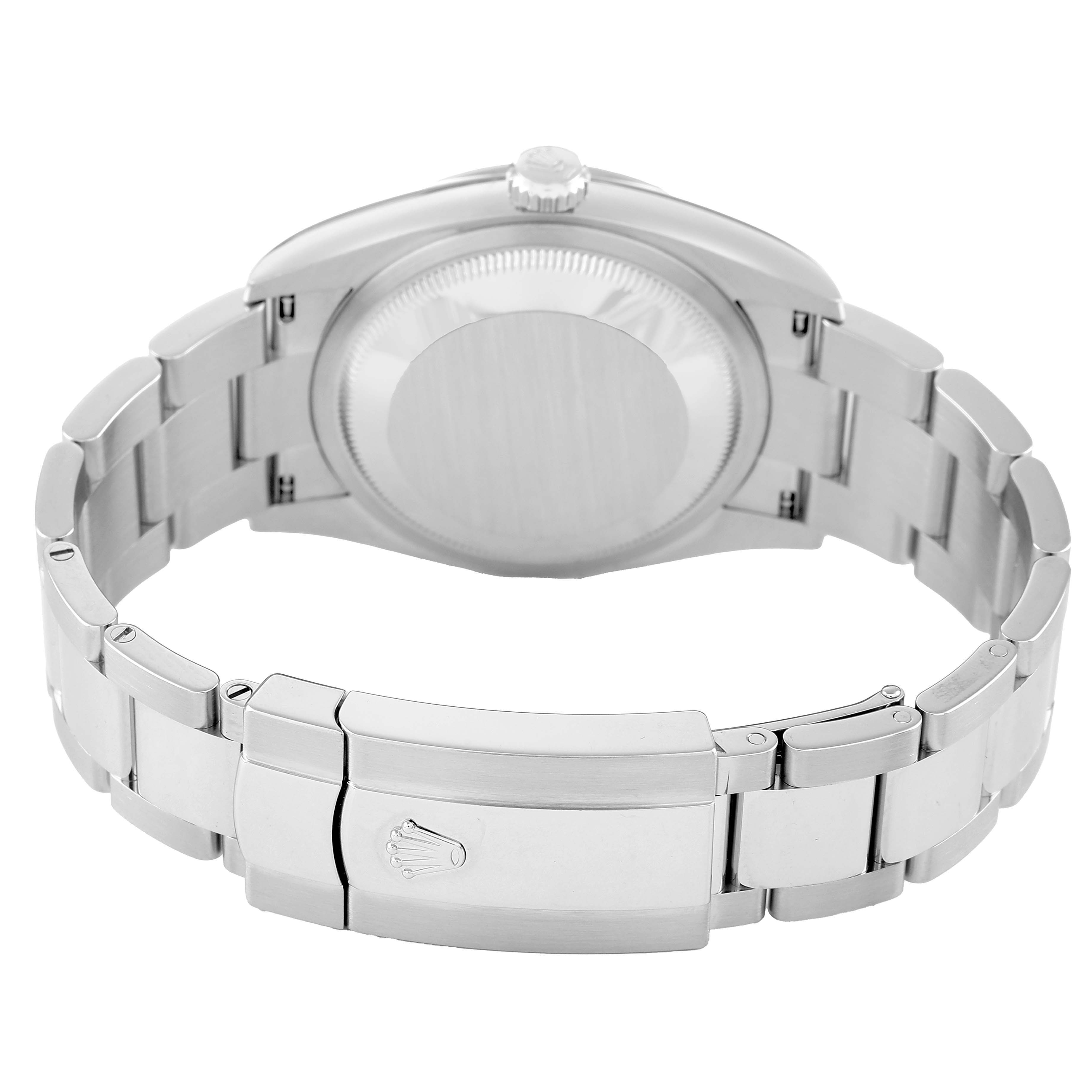 The image shows the back view of the Rolex Datejust 126234 Men's Steel and Gold (two tone) Black Dial, highlighting the bracelet, clasp, and case back.