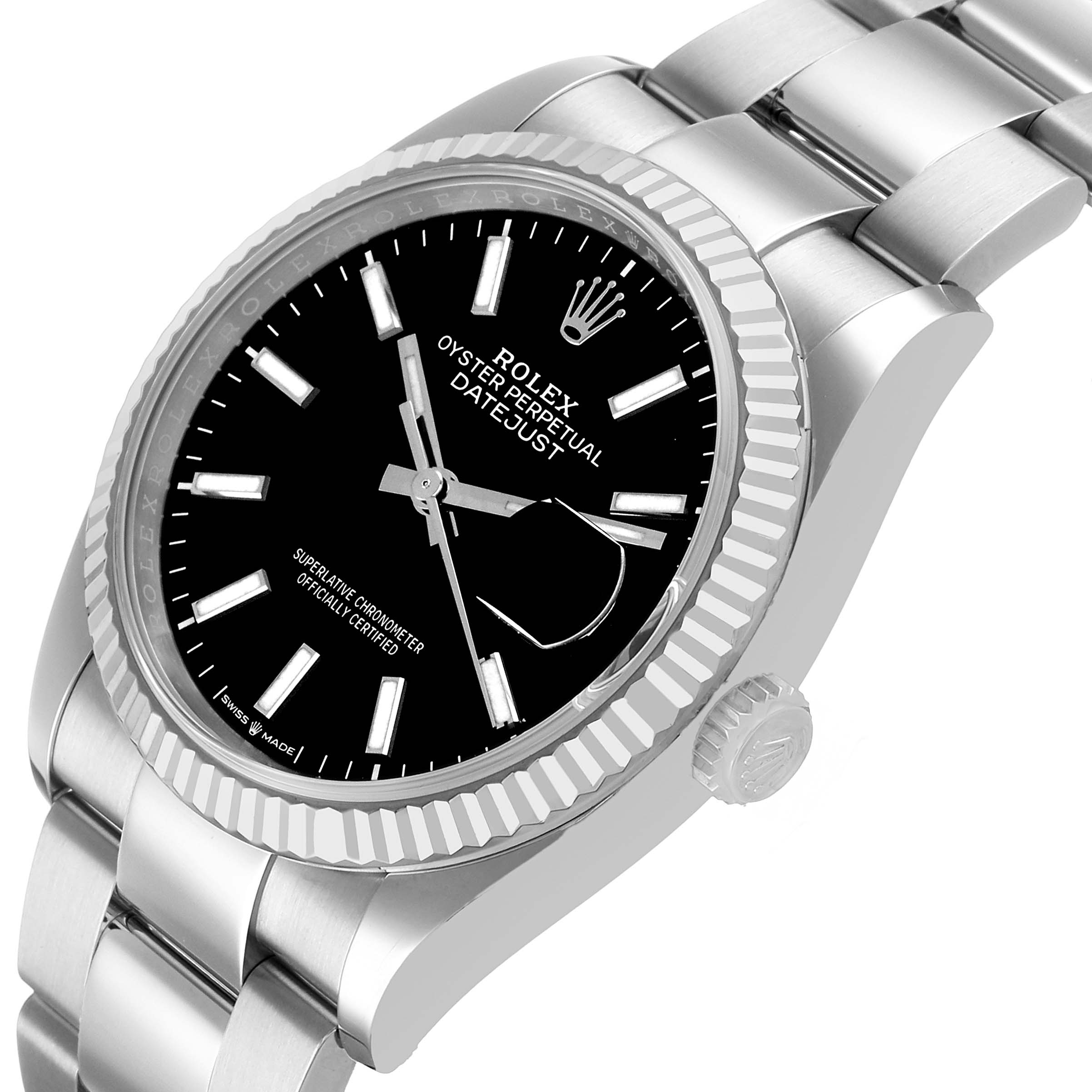 The Rolex Datejust 126234 Men's Steel and Gold (two tone) Black Dial watch is shown at a slight angle highlighting the black dial, fluted bezel, and part of the stainless steel bracelet.