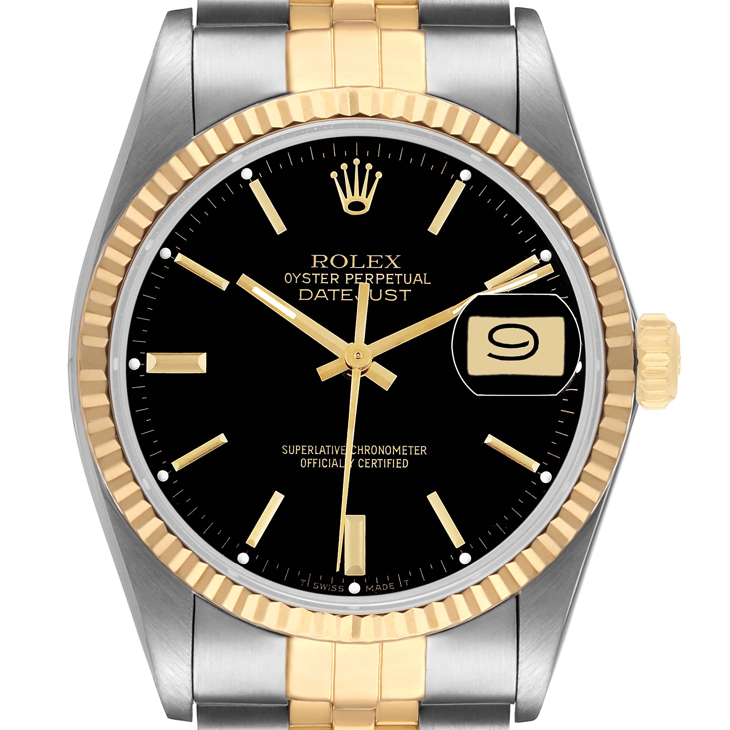 The Rolex Datejust 16013 Men's Steel and Gold (two tone) Black Dial watch is shown from the front, highlighting the black dial, gold hands, fluted bezel, and date window.
