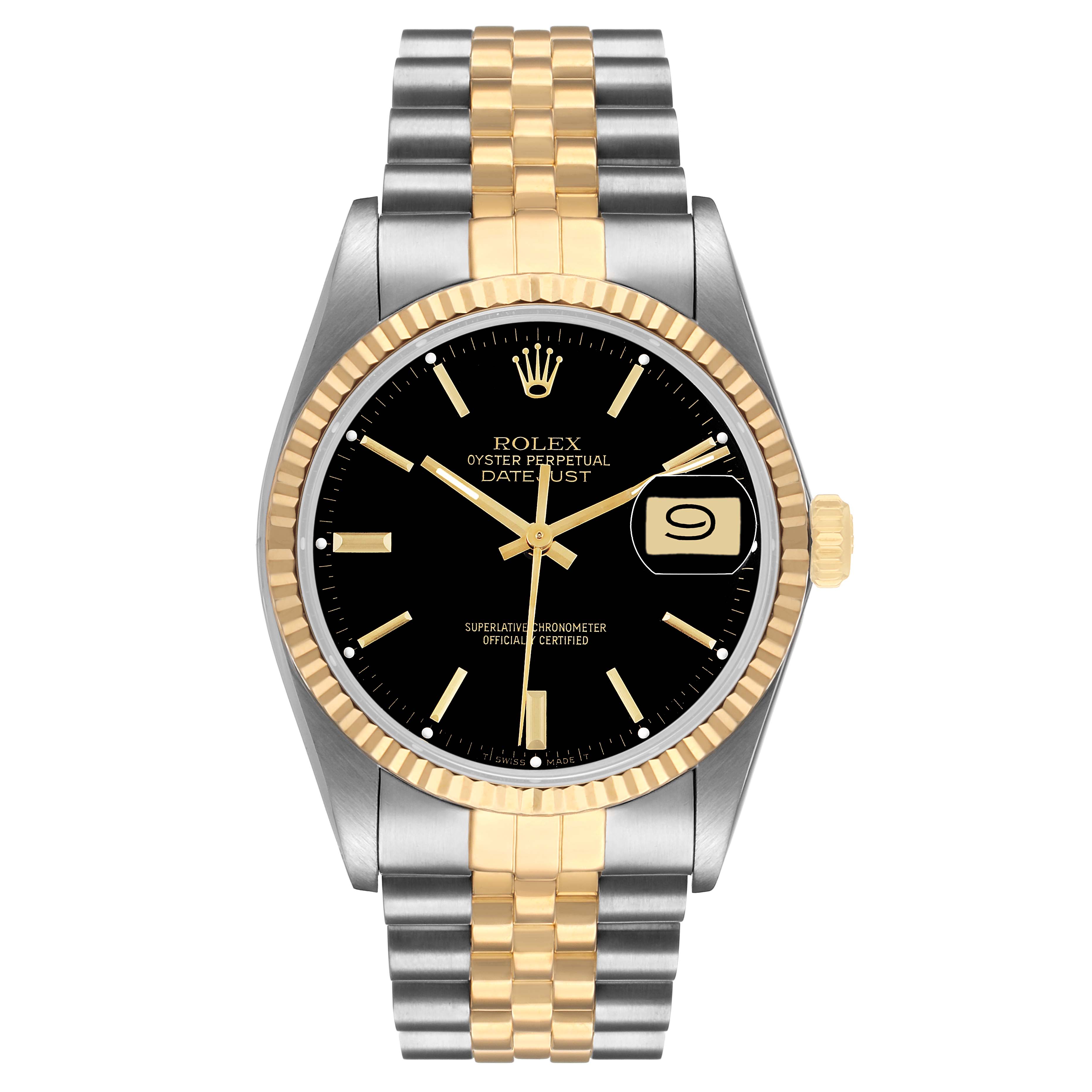 The Rolex Datejust 16013 Men's Steel and Gold (two tone) Black Dial watch is shown from a front angle, displaying its two-tone bracelet, black dial, and gold fluted bezel.