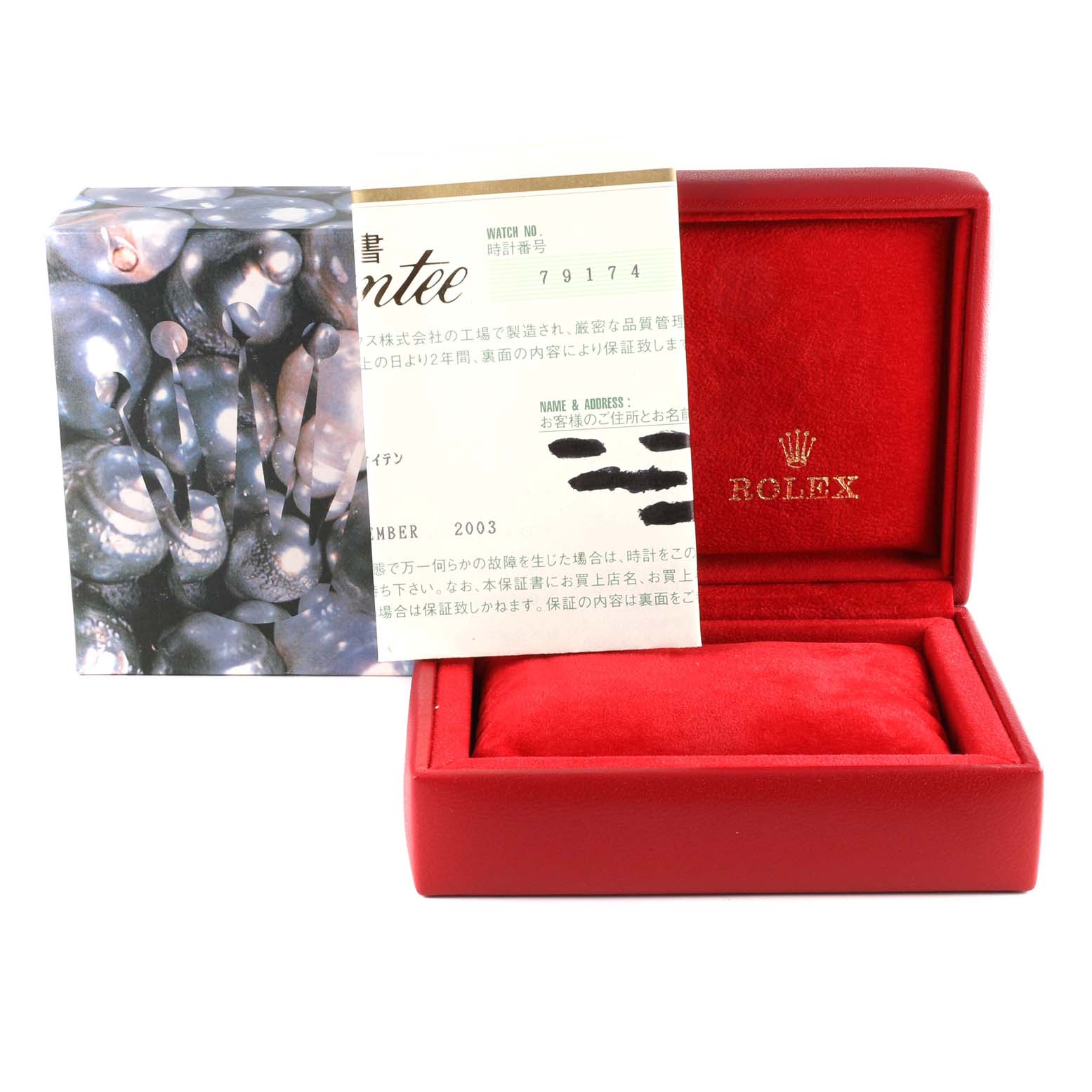 The image shows a Rolex Datejust 79174 Women's Stainless Steel Blue Dial 79174 Women's Stainless Steel Blue Dial red watch box, an owner’s manual, and a certificate of guarantee.