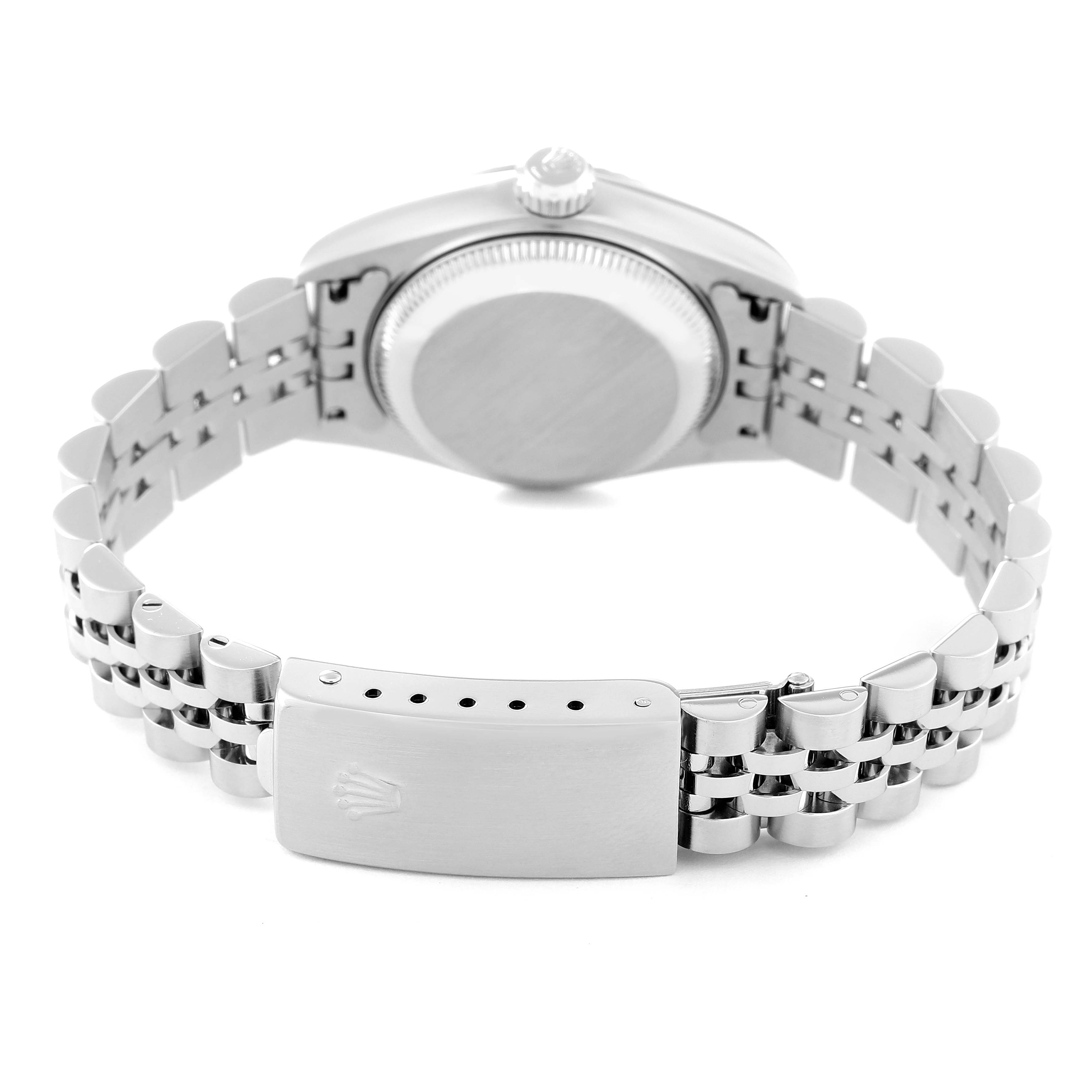 The image shows the back view of a Rolex Datejust 79174 Women's Stainless Steel Blue Dial 79174 Women's Stainless Steel Blue Dial watch, highlighting the case back, crown, and Jubilee bracelet with clasp.