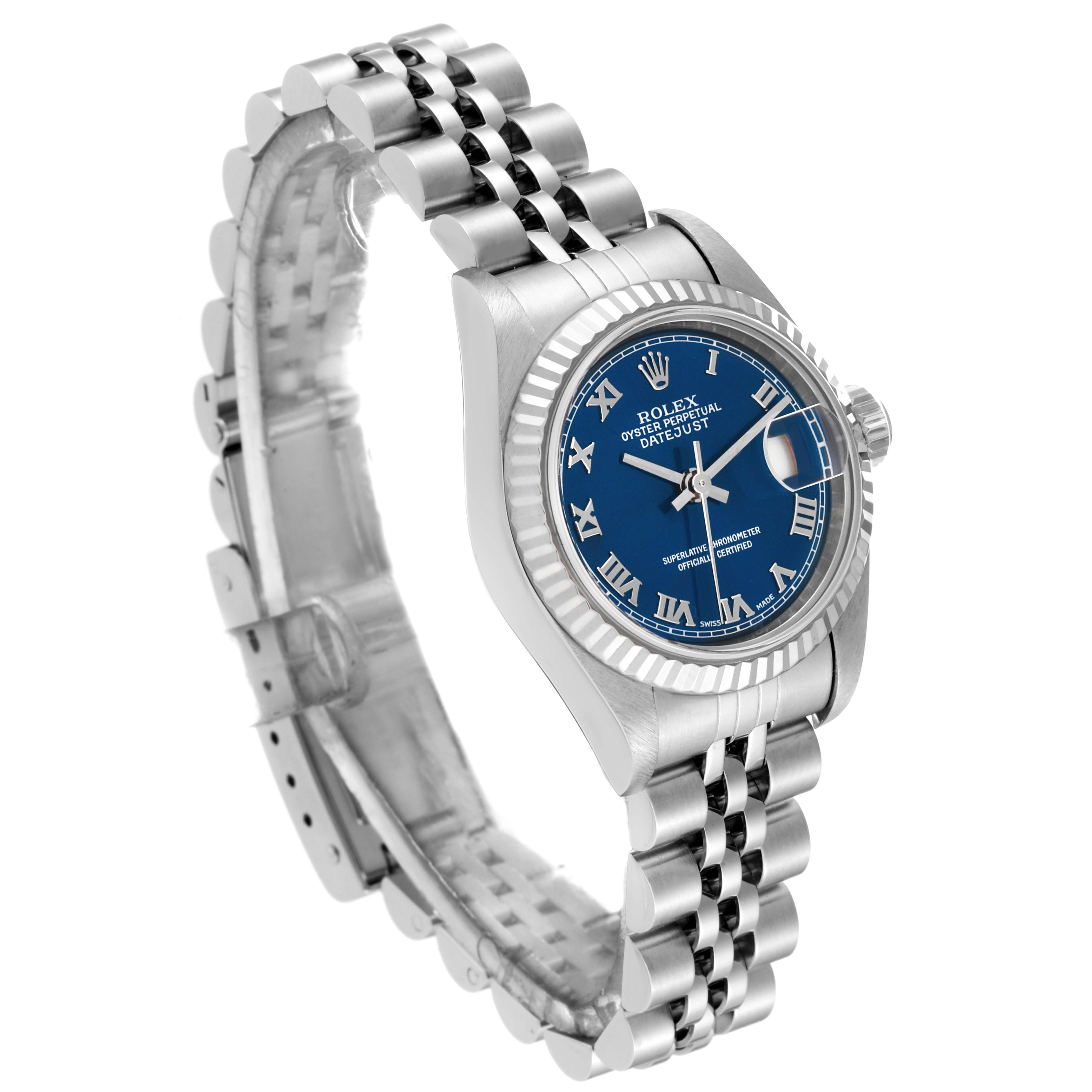 The Rolex Datejust 79174 Women's Stainless Steel Blue Dial 79174 Women's Stainless Steel Blue Dial watch is shown at an angle displaying its blue dial, bezel, and stainless steel Jubilee bracelet.