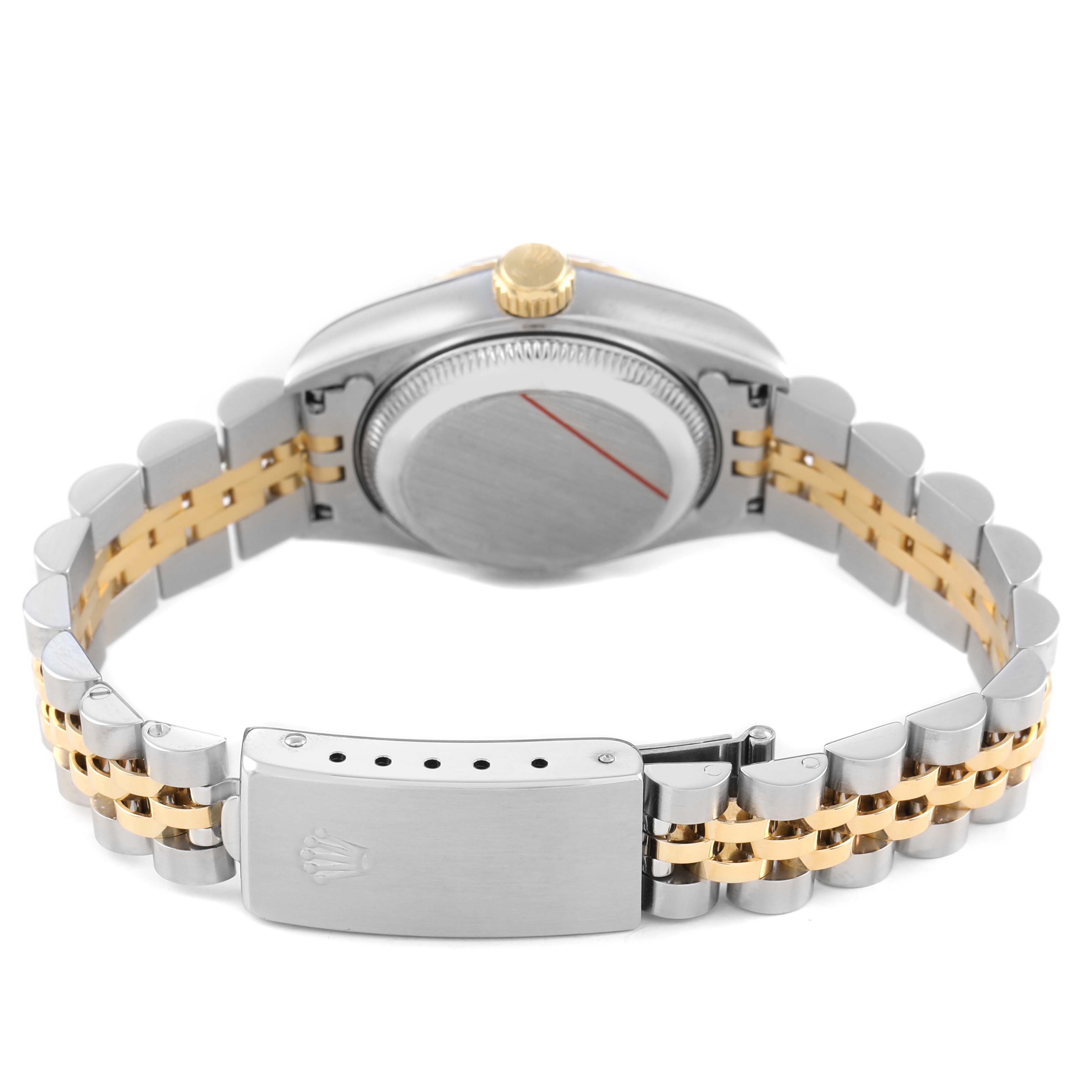 The Rolex Datejust 69173 Women's Steel and Gold (two tone) Champagne Dial is shown from the back, highlighting the case back, gold crown, and the Jubilee bracelet with a clasp.