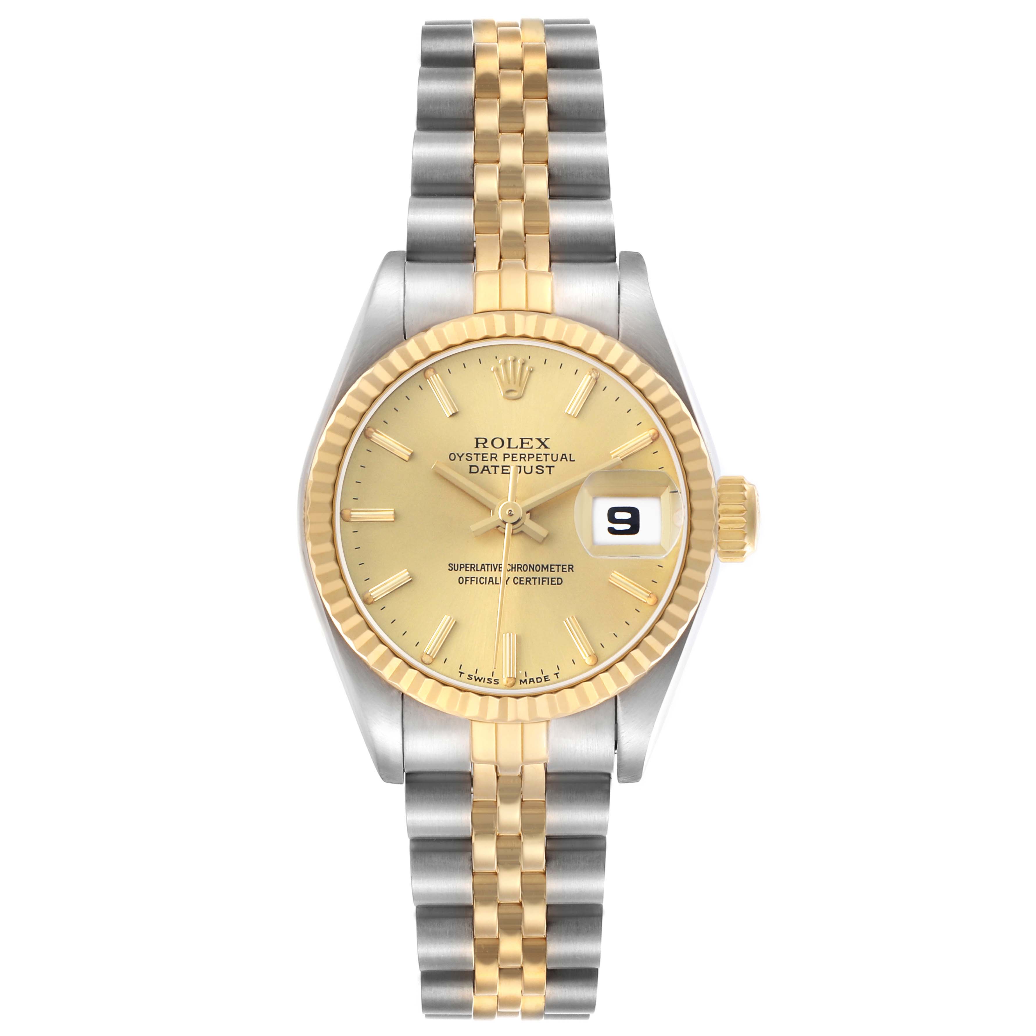 The Rolex Datejust 69173 Women's Steel and Gold (two tone) Champagne Dial watch is shown from a top view, highlighting its gold and silver bracelet, bezel, and dial with date window.