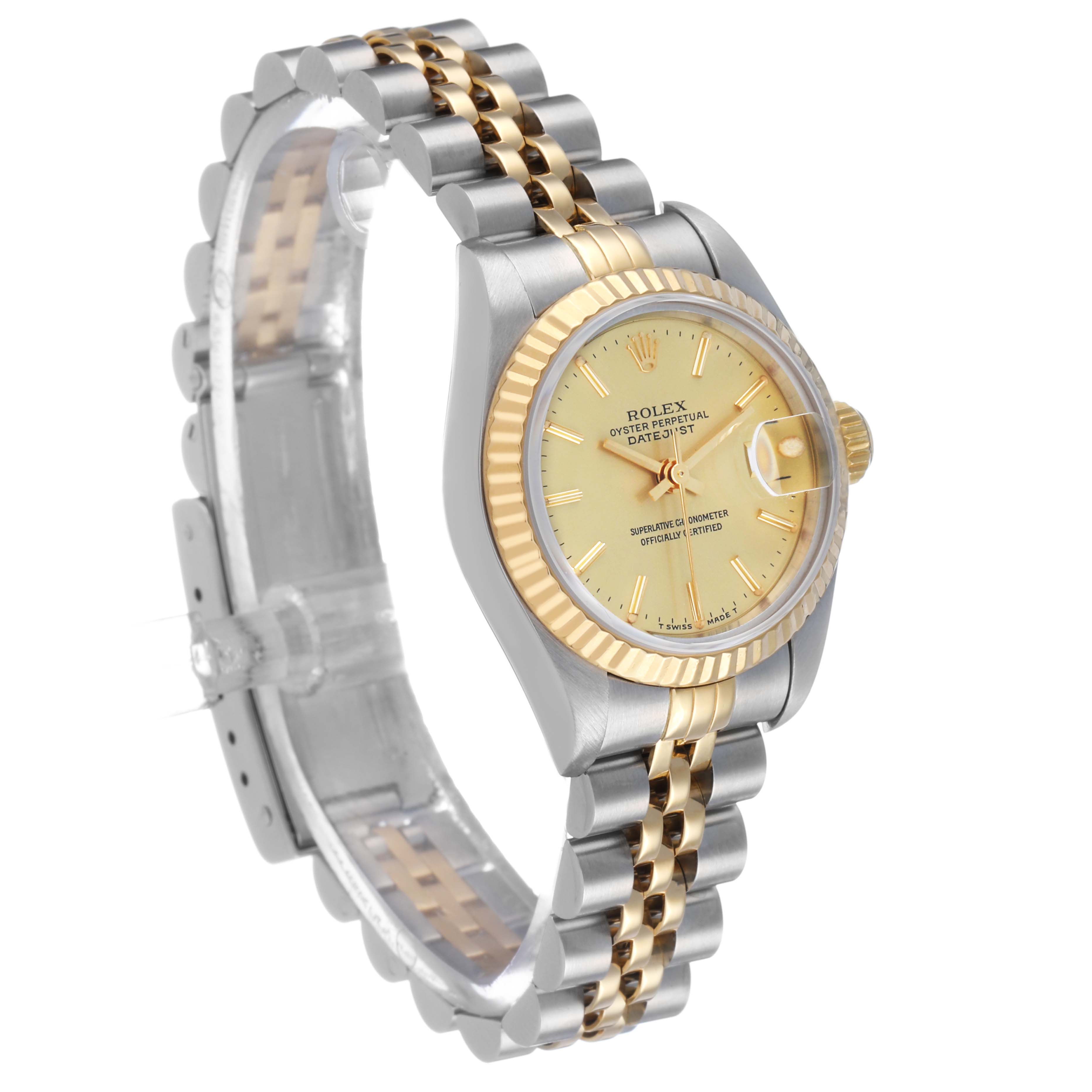 The Rolex Datejust 69173 Women's Steel and Gold (two tone) Champagne Dial watch is shown at a side angle, highlighting its gold bezel, dial, and two-tone bracelet.