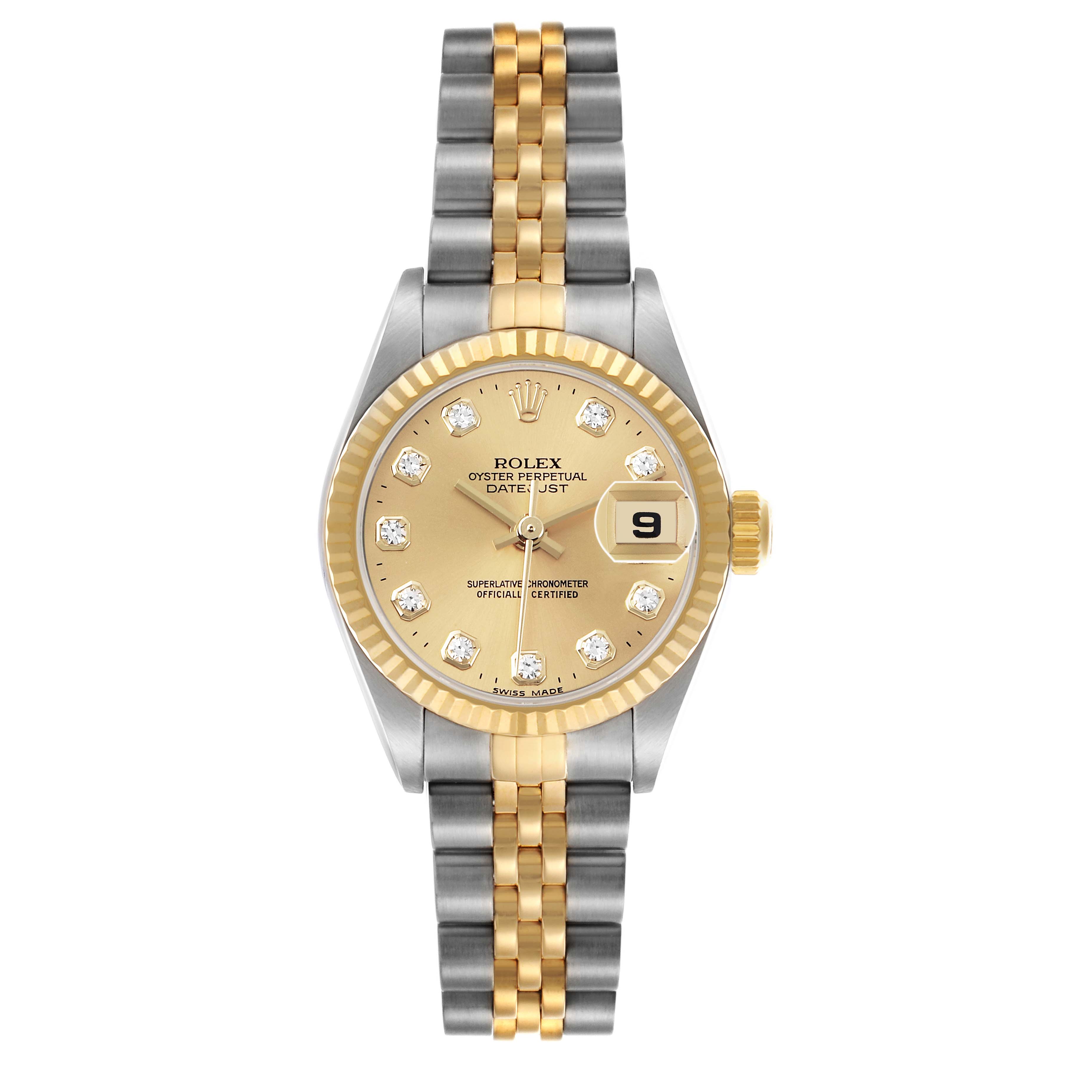 The Rolex Datejust 79173 Women's Steel and Gold (two tone) Champagne Dial watch is shown from a top-down angle, displaying the dial, bezel, crown, and bracelet.