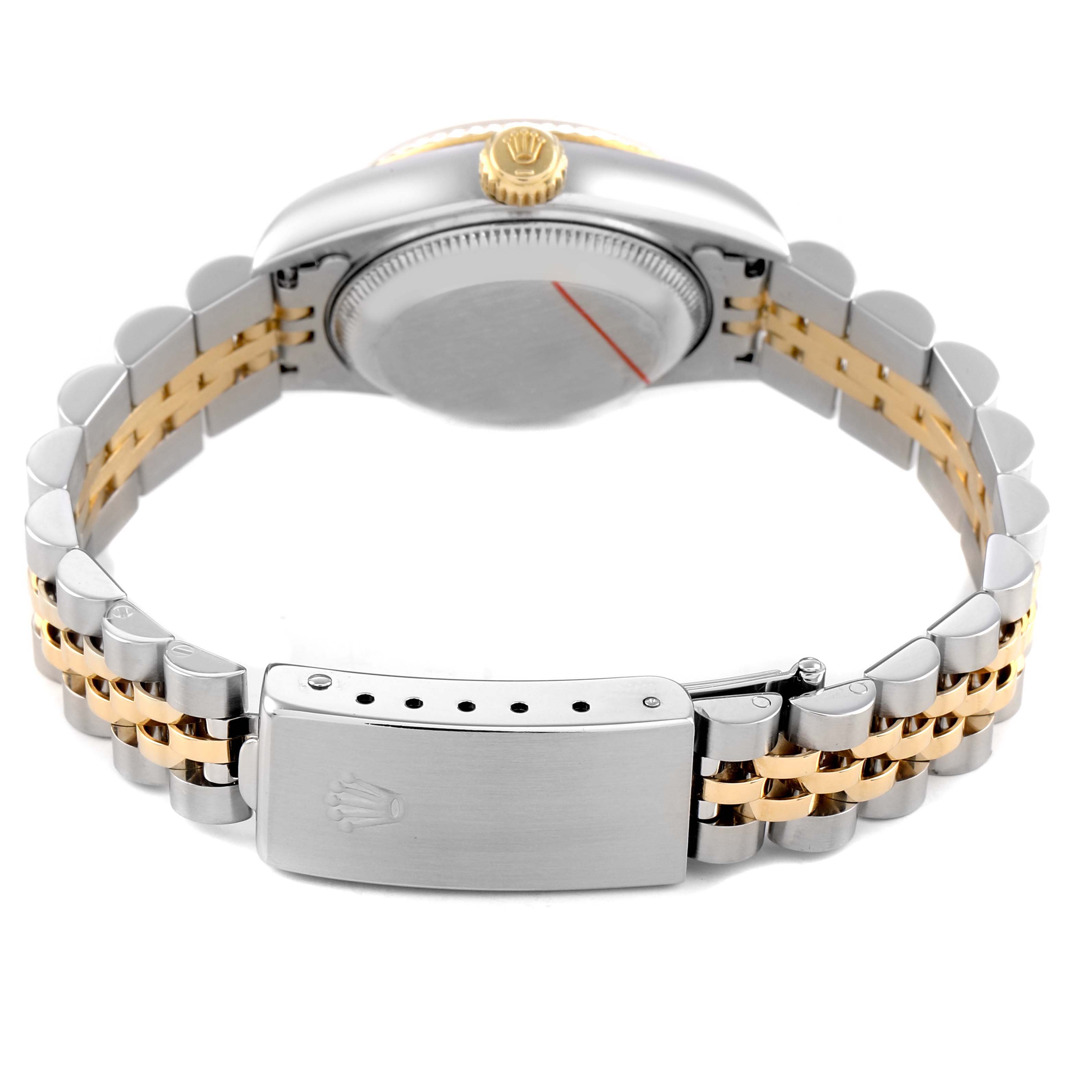 The image shows the side and back of a Rolex Datejust 79173 Women's Steel and Gold (two tone) Champagne Dial watch, featuring its crown, case back, and two-tone bracelet with the clasp.