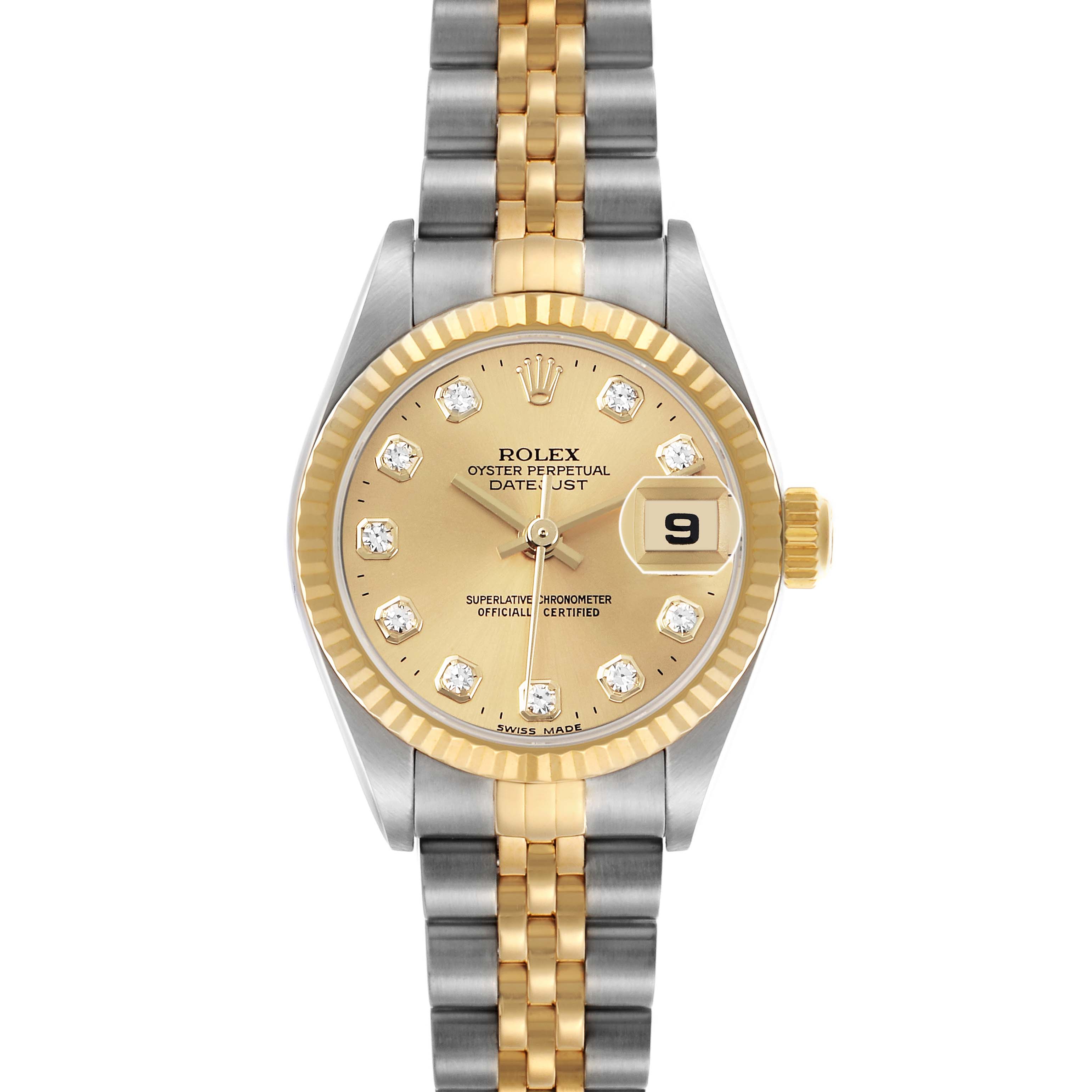The Rolex Datejust 79173 Women's Steel and Gold (two tone) Champagne Dial watch is shown from the front, highlighting its gold and diamond-accented dial and two-tone bracelet.