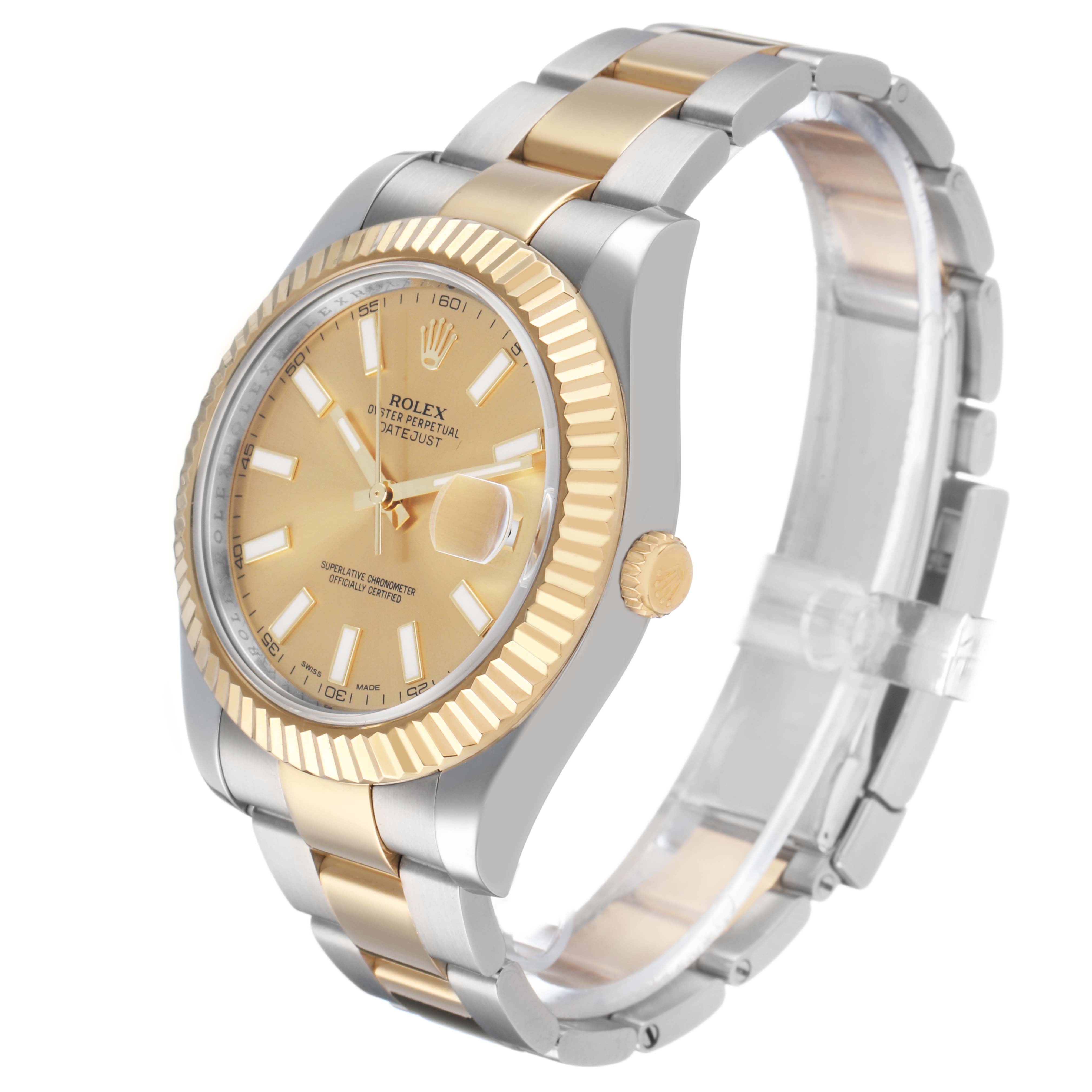 The Rolex Datejust 41 116333 Men's Steel and Gold (two tone) Champagne Dial is shown at a three-quarter angle, displaying the face, bezel, crown, and part of the bracelet.