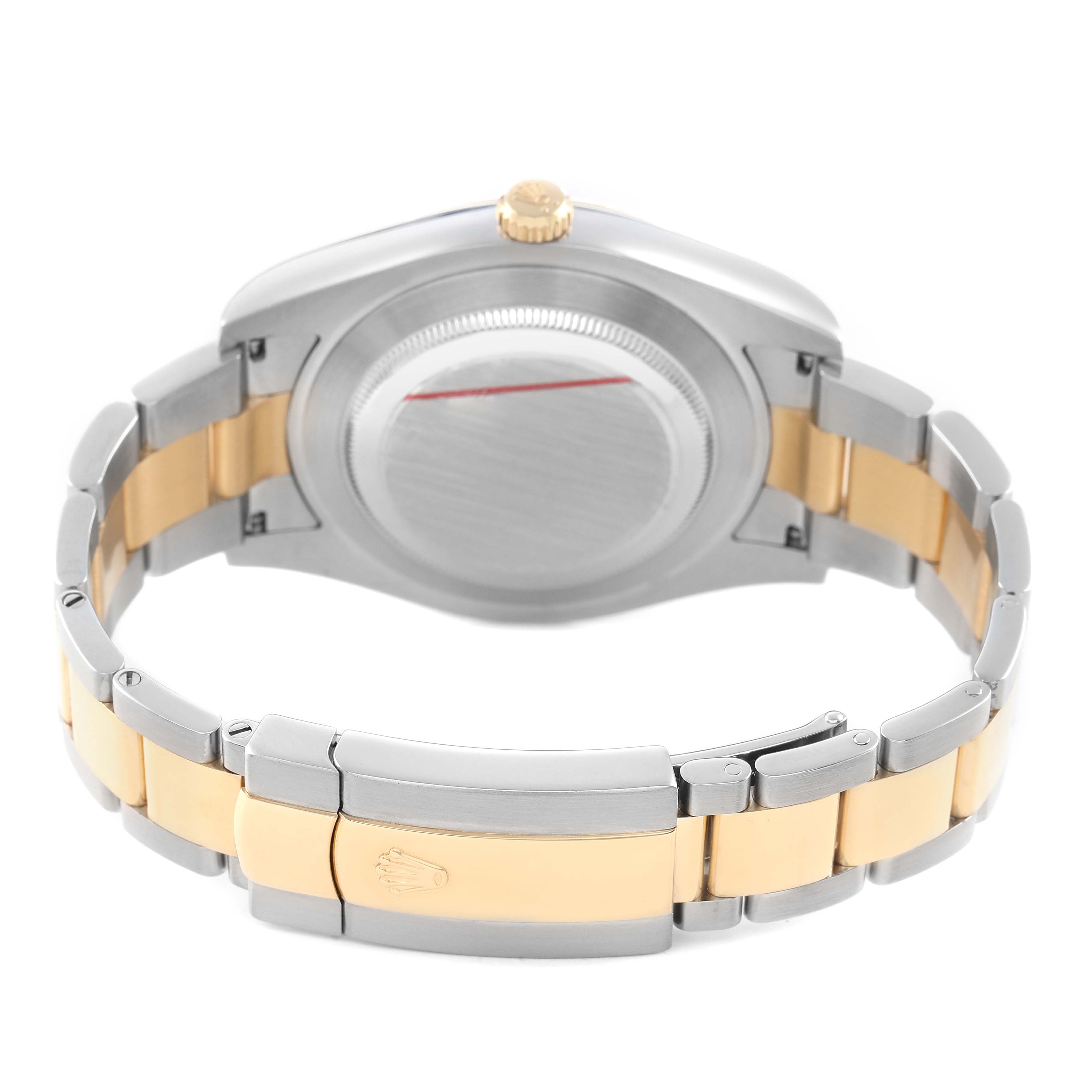 The image shows the back view of a Rolex Datejust 41 116333 Men's Steel and Gold (two tone) Champagne Dial, highlighting the case back, bracelet, and clasp.