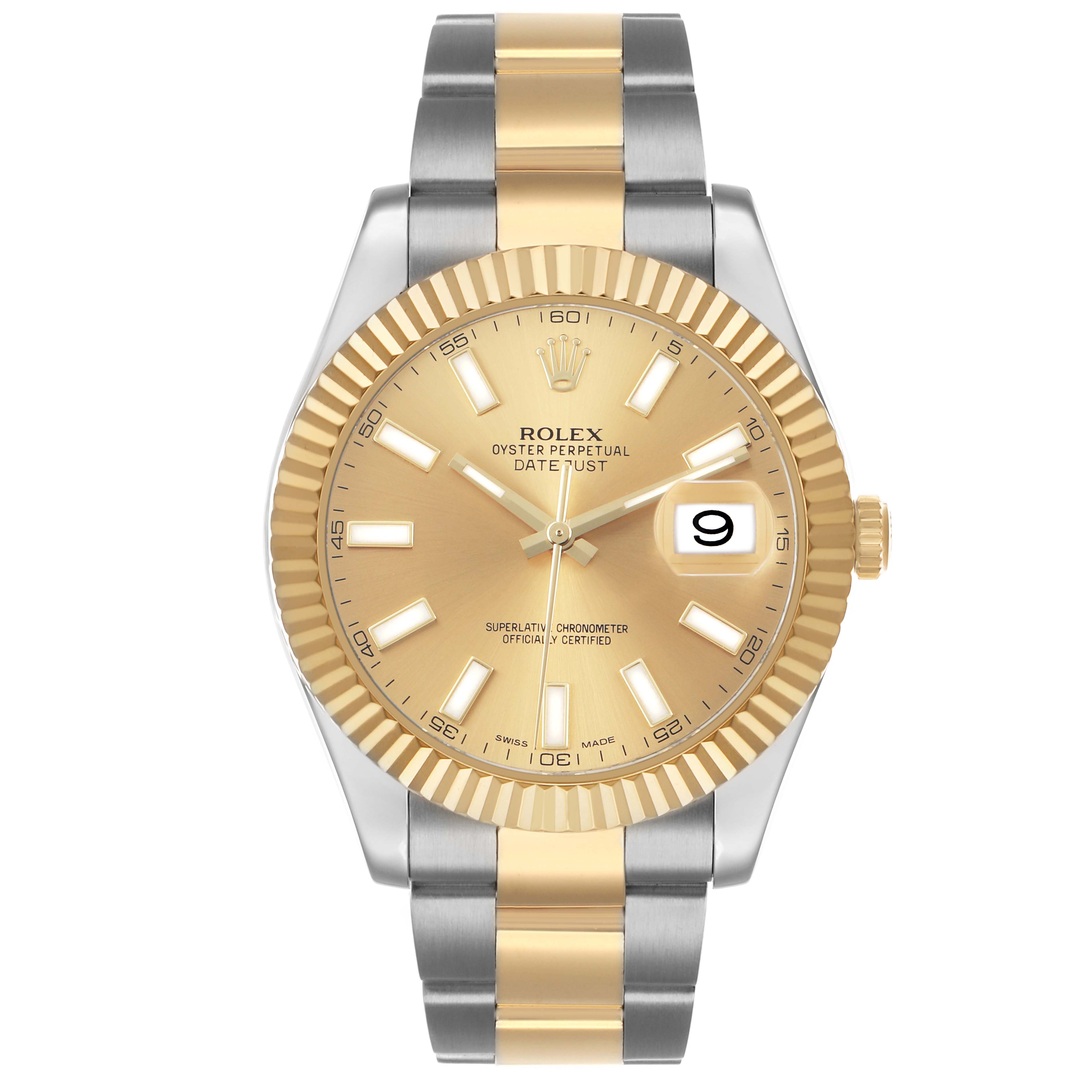 The Rolex Datejust 41 116333 Men's Steel and Gold (two tone) Champagne Dial watch is shown from a front angle, highlighting its gold dial, fluted bezel, and two-tone bracelet.