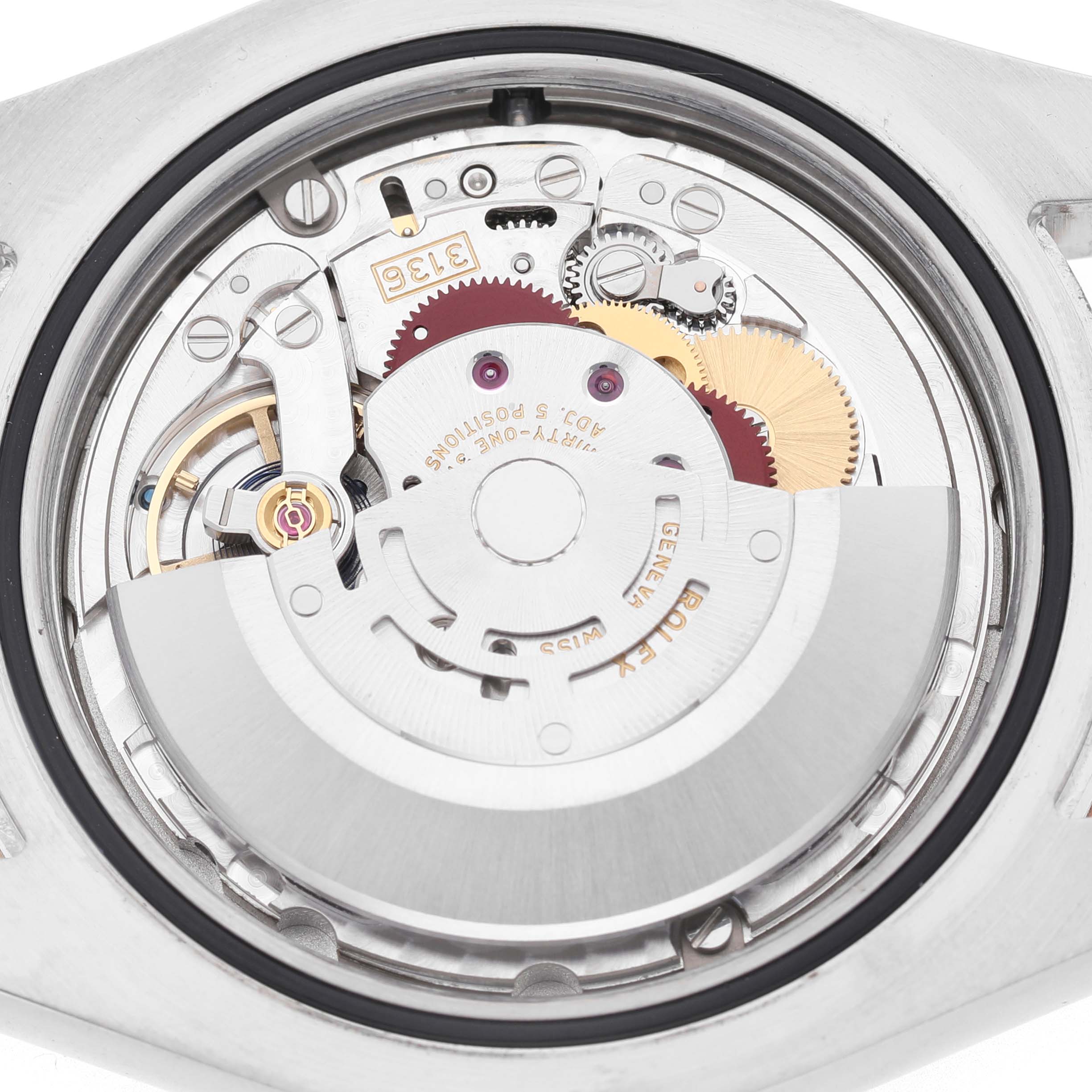 The image shows a close-up of the movement mechanism inside a Rolex Datejust 41 116333 Men's Steel and Gold (two tone) Champagne Dial watch from the back.