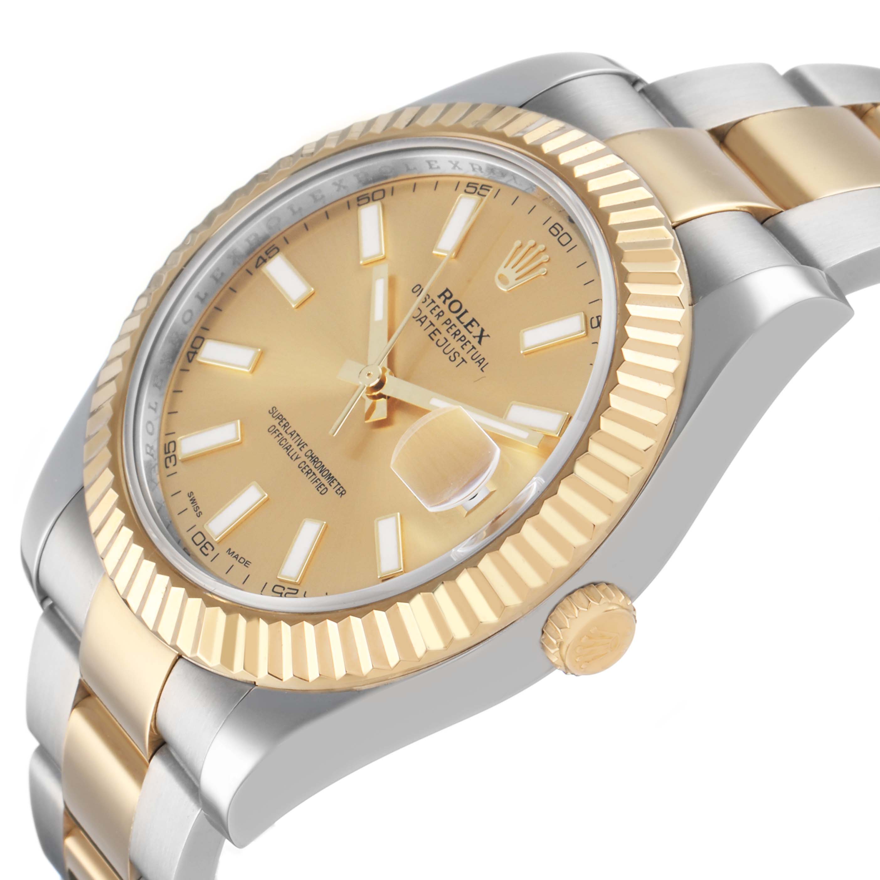The Rolex Datejust 41 116333 Men's Steel and Gold (two tone) Champagne Dial is shown from an angled side view, highlighting its gold dial, fluted bezel, and two-tone bracelet.