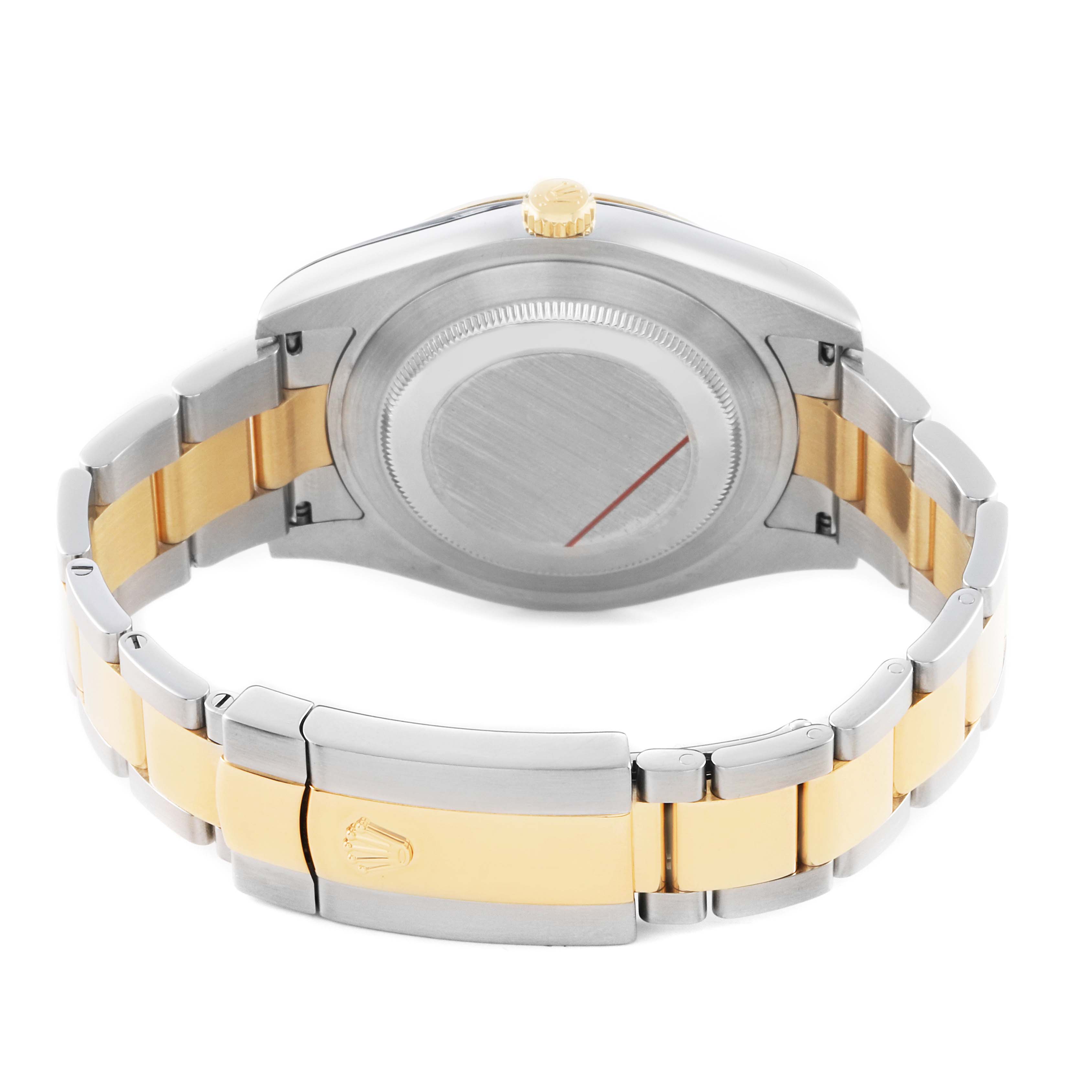 The image shows the back of a Rolex Datejust 41 116333 Men's Steel and Gold (two tone) Silver Dial, highlighting the case back and two-tone bracelet.