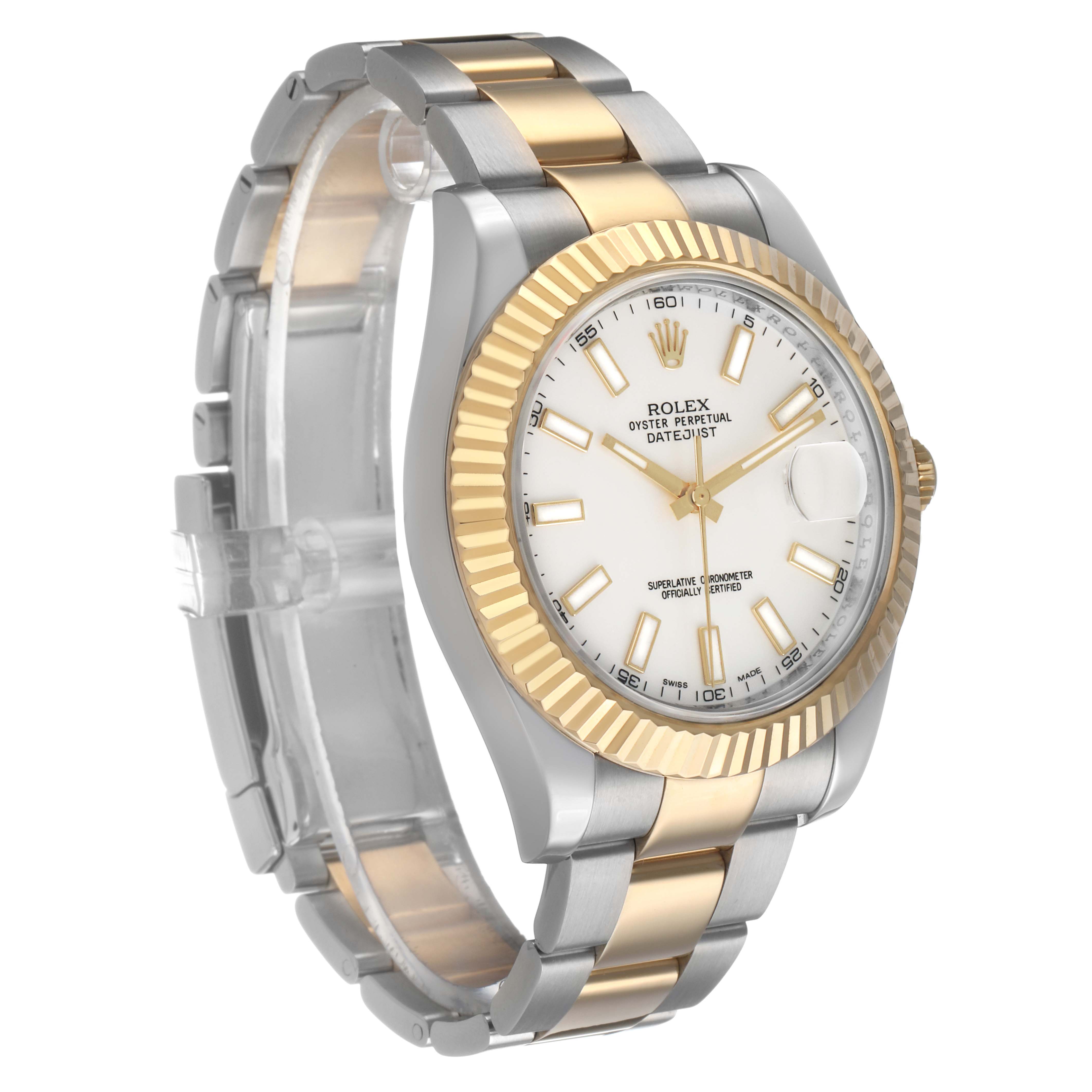 The Rolex Datejust 41 116333 Men's Steel and Gold (two tone) Silver Dial is shown from a three-quarter angle, highlighting its gold fluted bezel and two-tone bracelet.