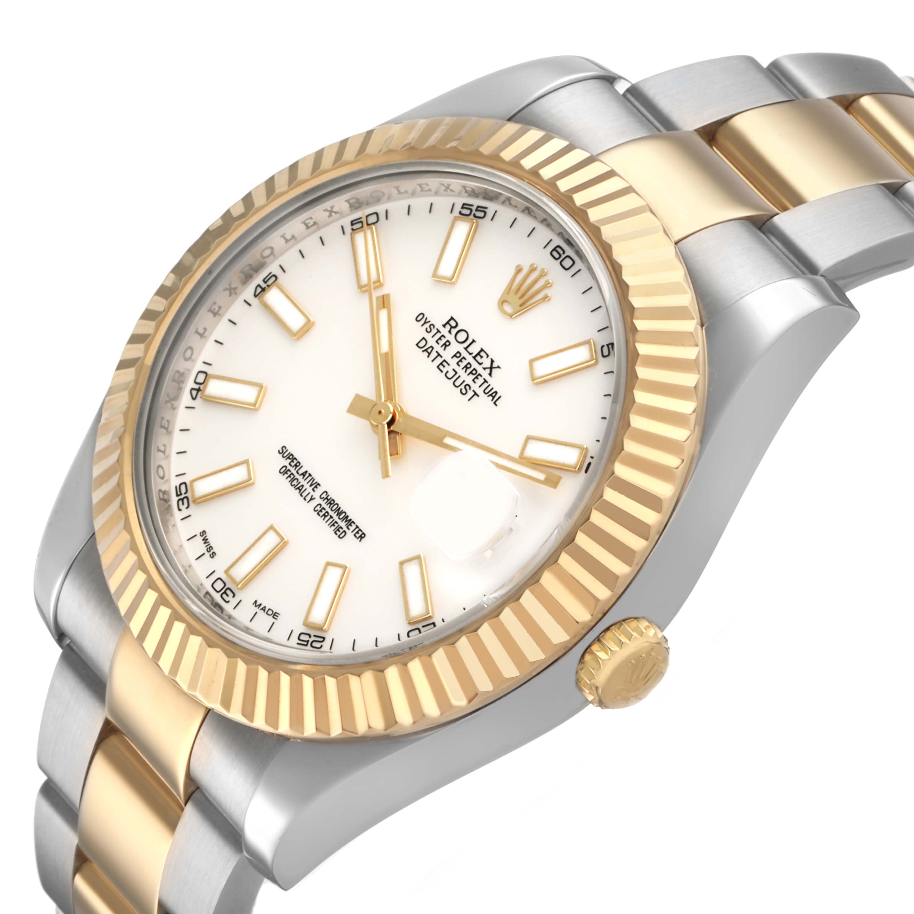 The Rolex Datejust 41 116333 Men's Steel and Gold (two tone) Silver Dial is shown from a slightly angled front view, highlighting the gold bezel, crown, and bracelet links.